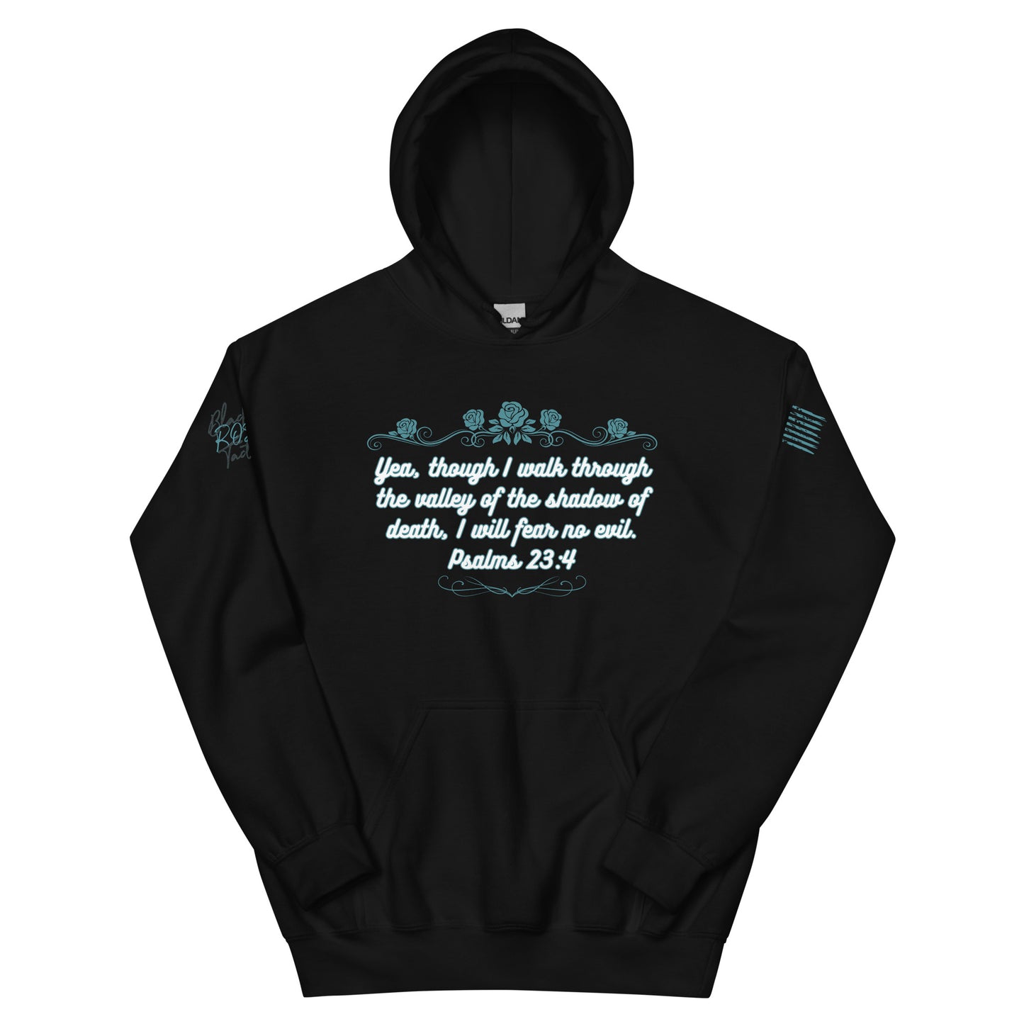 Black hoodie with white text and design on a white background