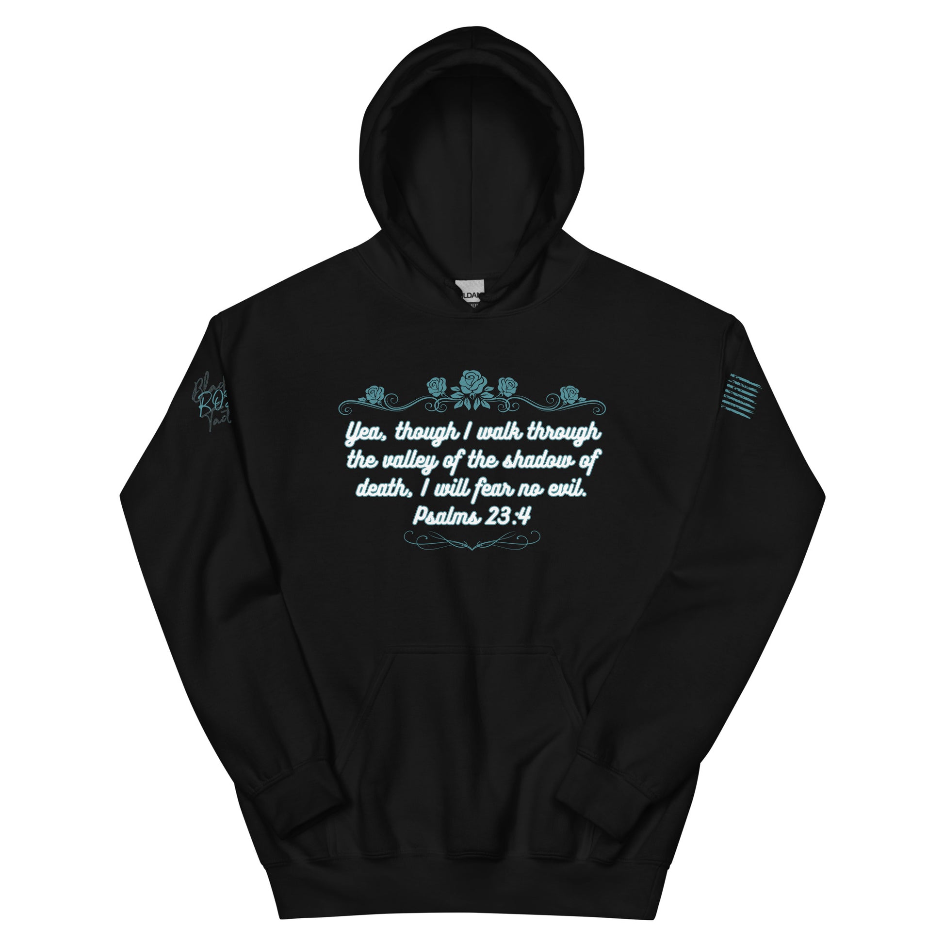 Black hoodie with white text and design on a white background