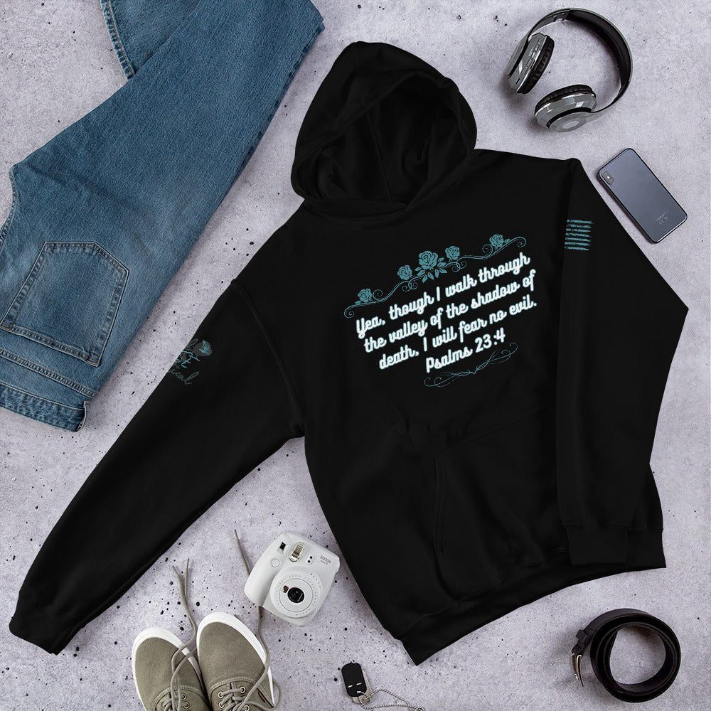 Front view of Psalms 23:4 hoodie showing Christian design and pocket.