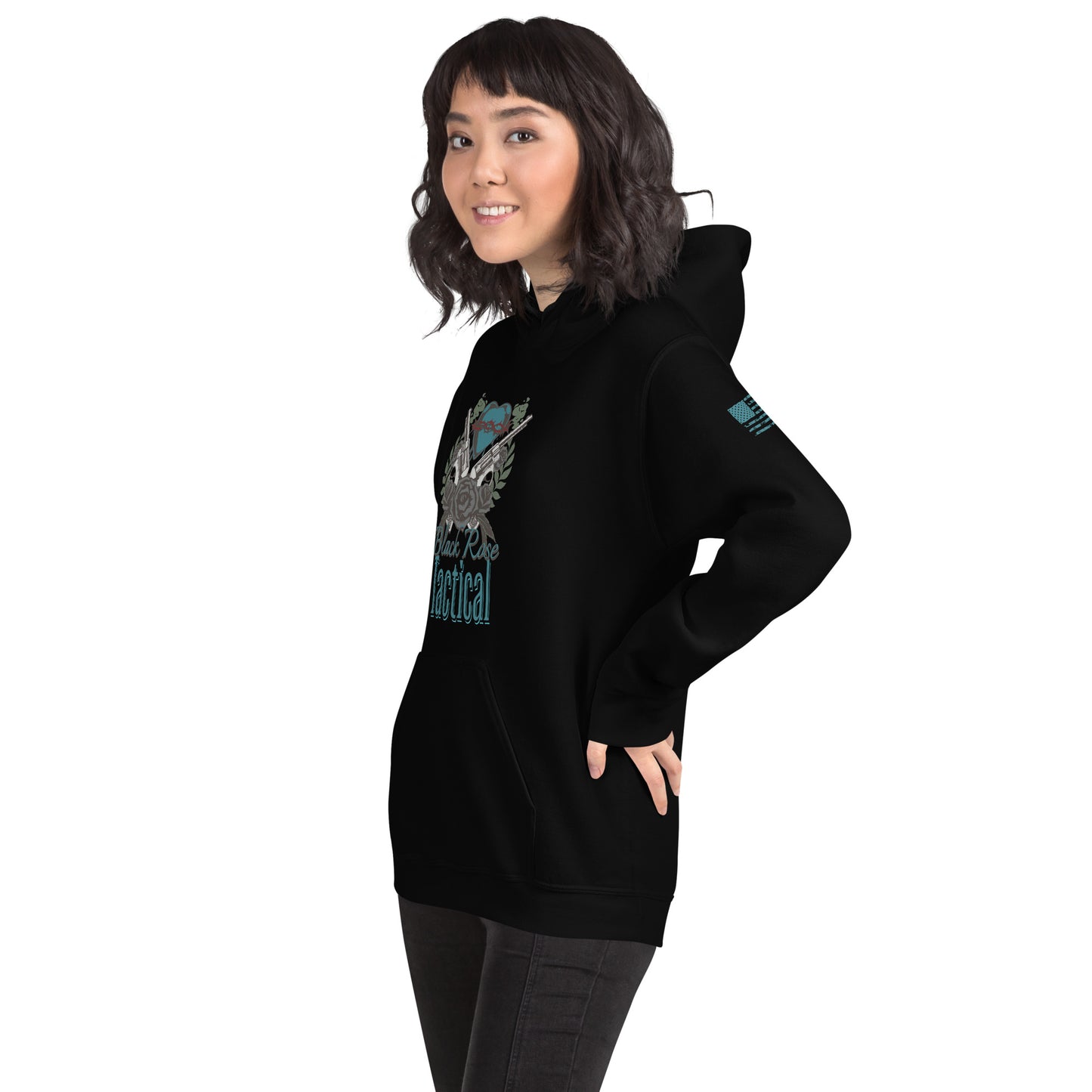 Woman wearing Black Rose Tactical hoodie, patriotic 2A sweatshirt style