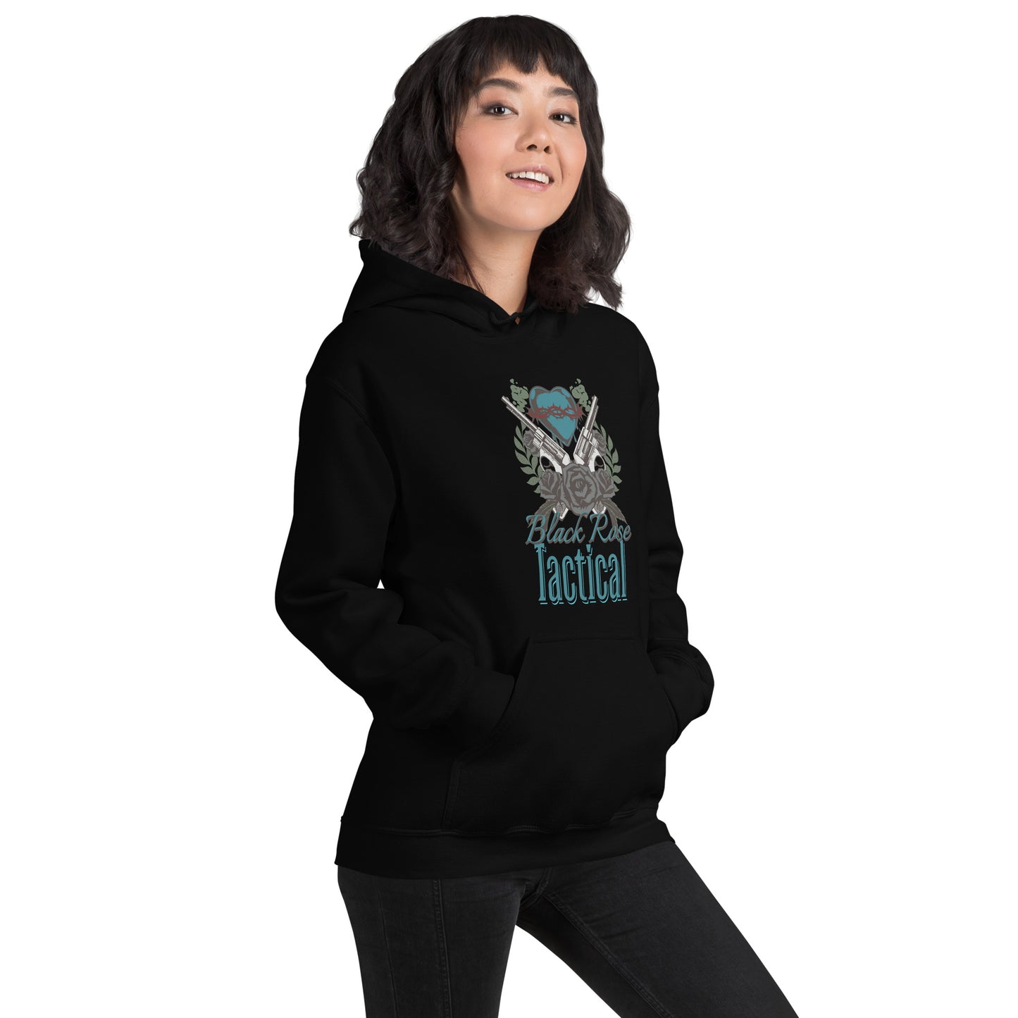 Close-up of Black Rose Tactical hoodie graphic, bold patriotic gun rights design