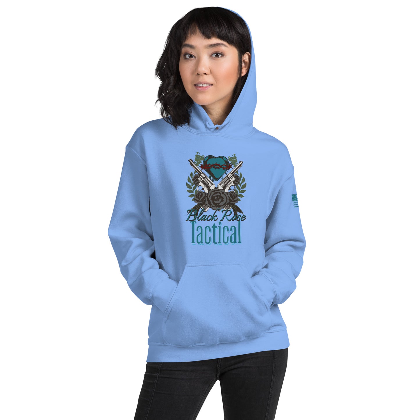 Person wearing a light blue hoodie with a logo and text on a white background