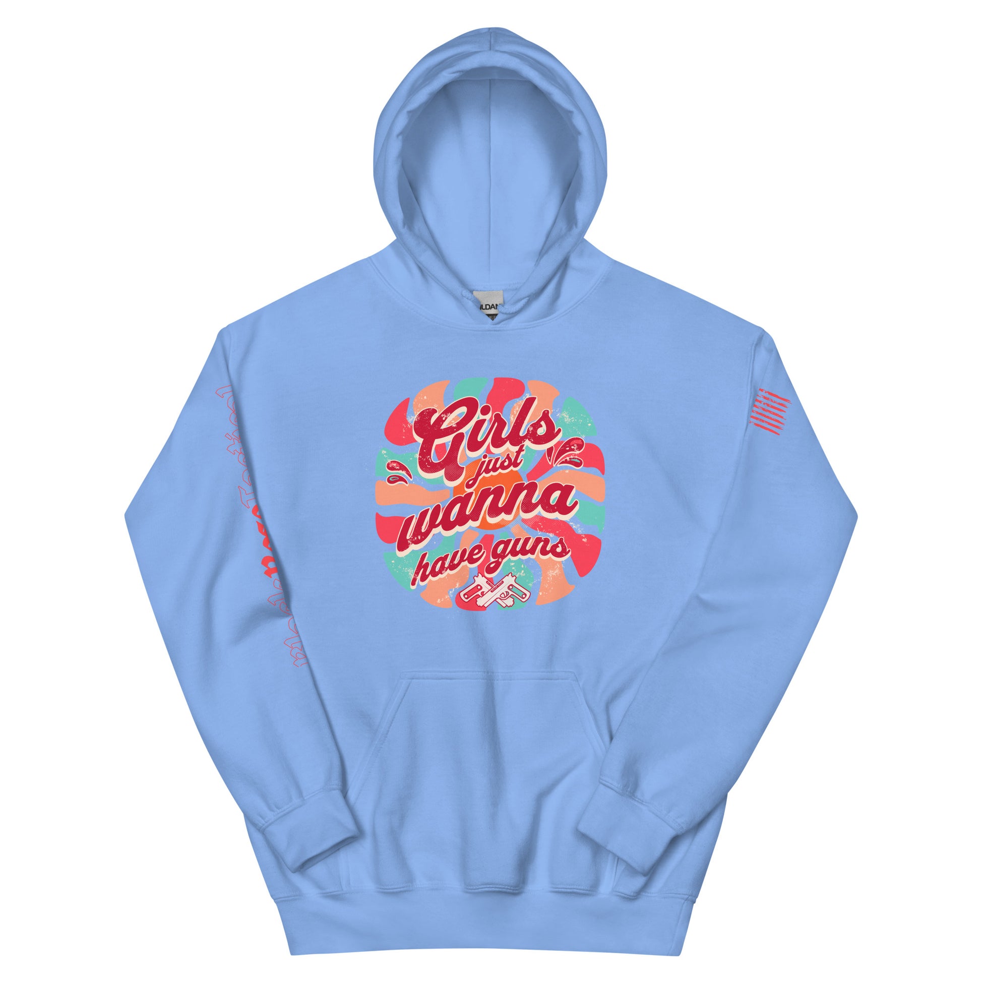 Light blue hoodie with colorful graphic and text on a white background