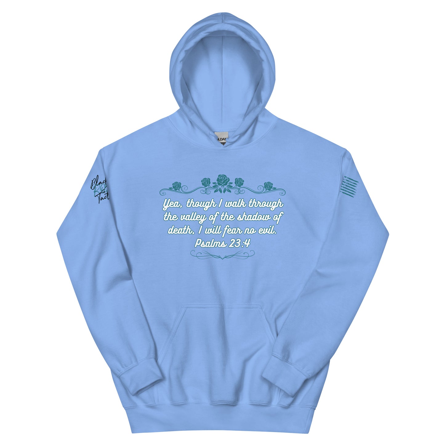 Light blue hoodie with text and design on a white background