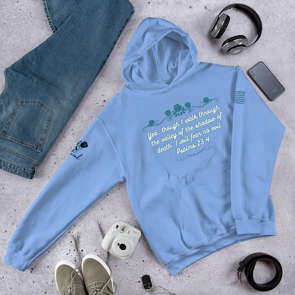 Front view of Psalms 23:4 hoodie showing Christian design and pocket light blue