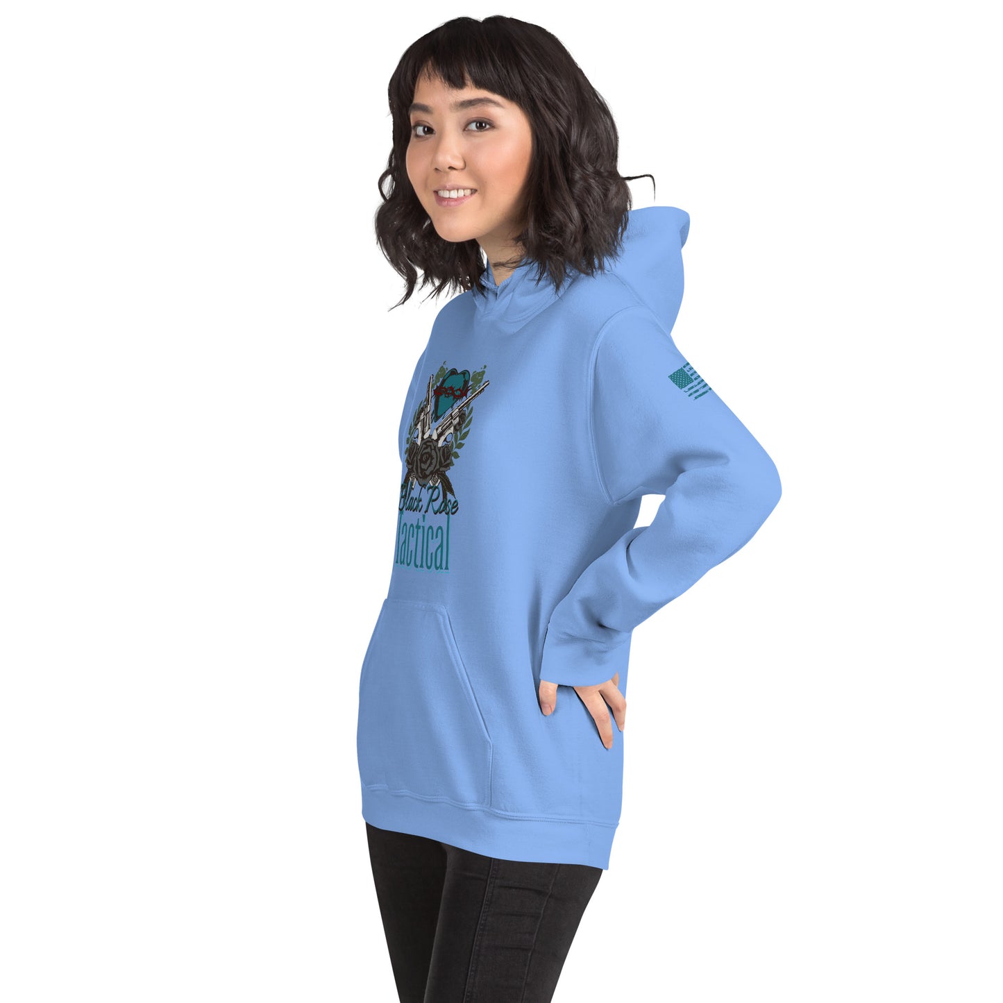 Person wearing a blue hoodie with a graphic design on a white background