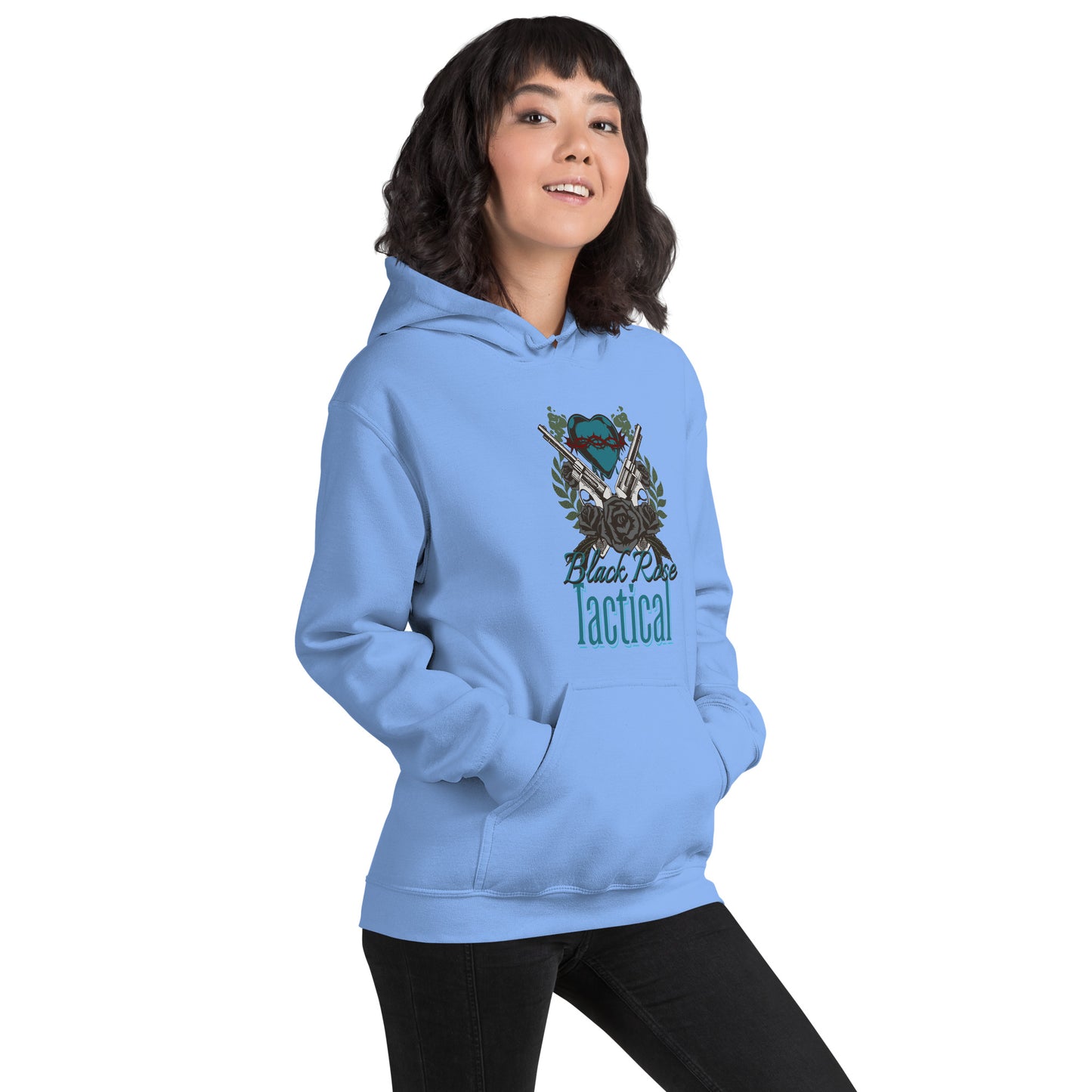 Person wearing a light blue hoodie with a design and text on a white background