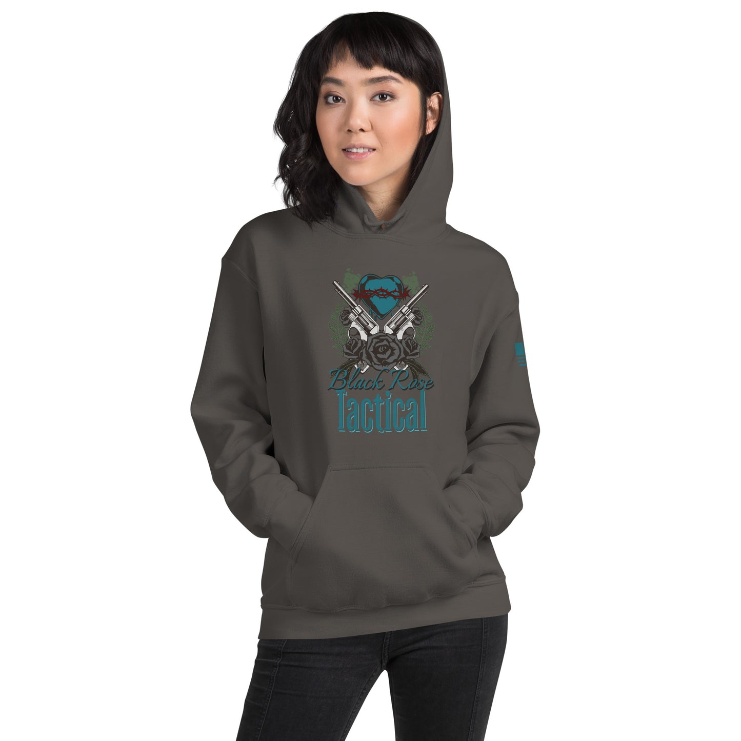 Person wearing a gray hoodie with a logo and text on a white background