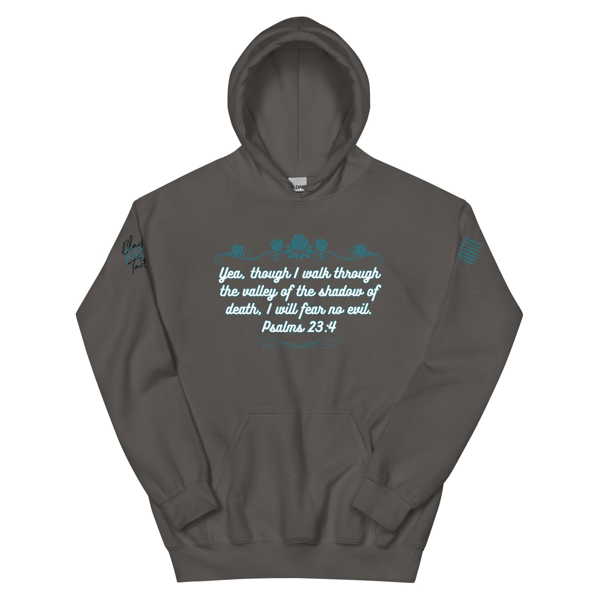 Dark gray hoodie with text design on a white background
