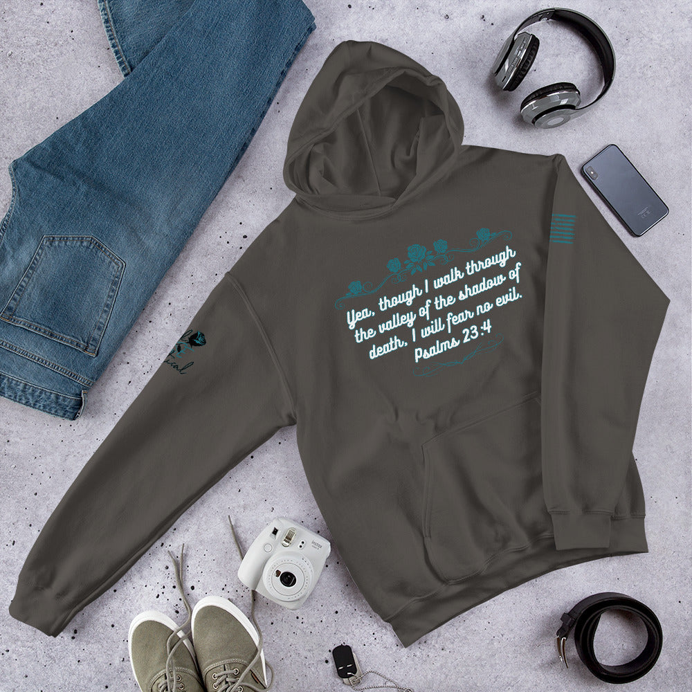 Psalms 23:4 hoodie outdoors, showing faith-inspired design.