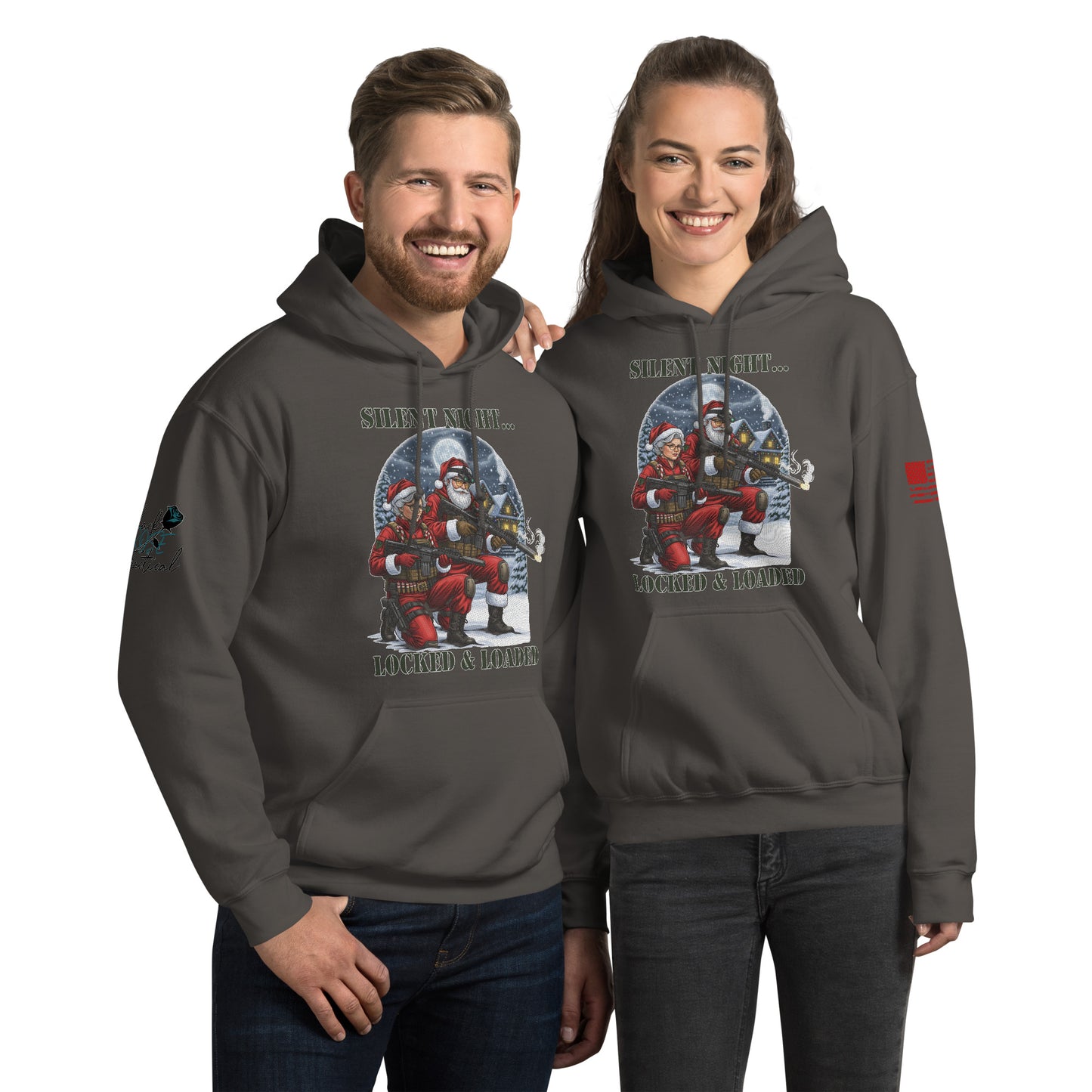 Silent Night Locked and Loaded sweatshirt with tactical holiday design printed on front gray