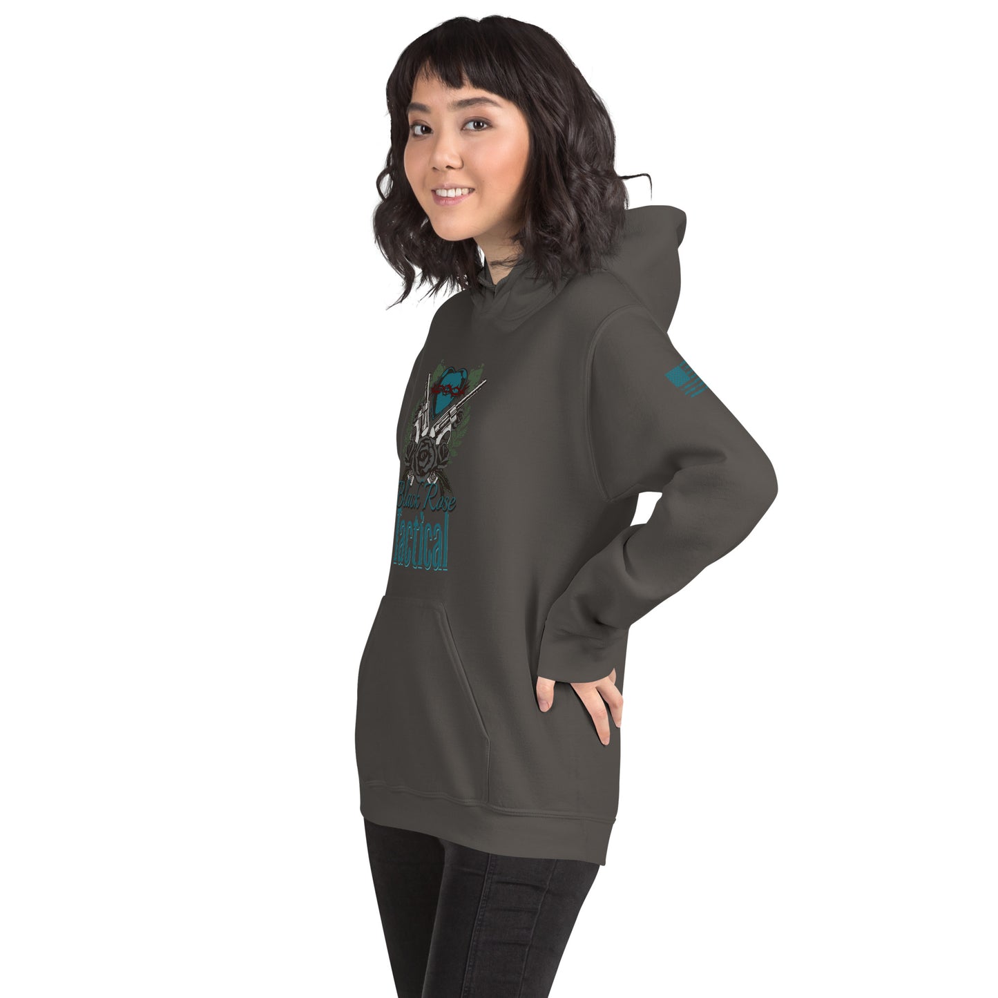 Person wearing a dark gray hoodie with a graphic design on a white background