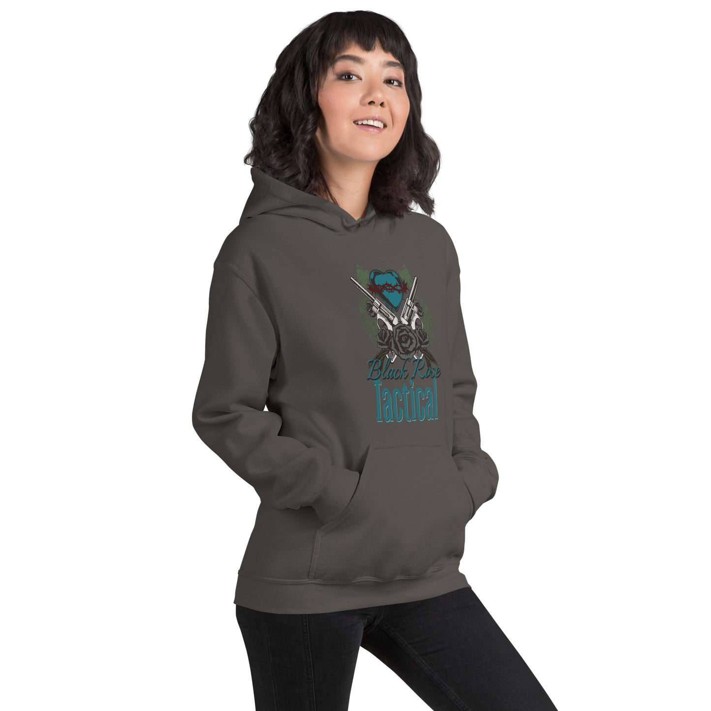 Person wearing a dark gray hoodie with a graphic design on a white background