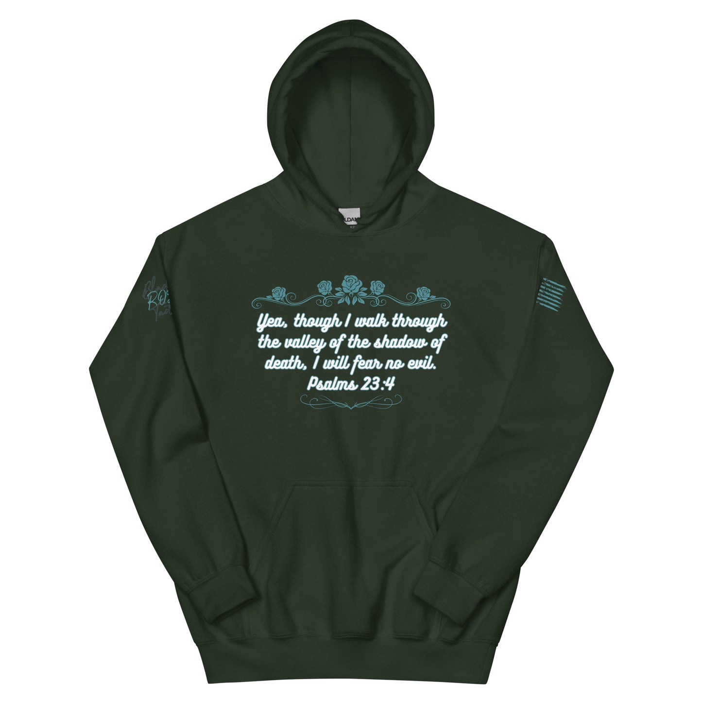 Dark green hoodie with text and floral design on a white background