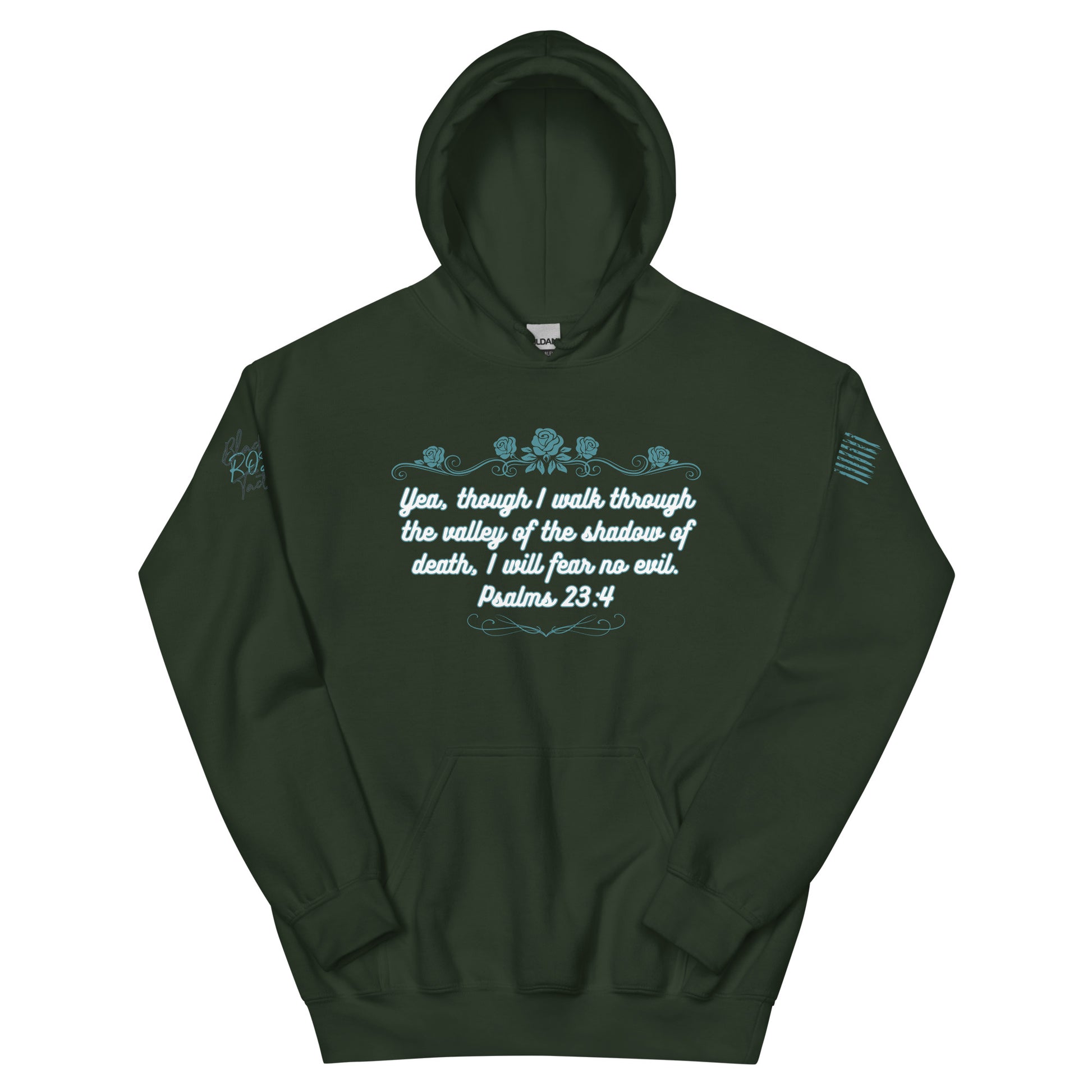 Dark green hoodie with text and floral design on a white background