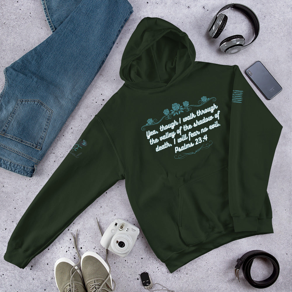 Christian apparel photo with Psalms 23:4 hoodie in natural light.