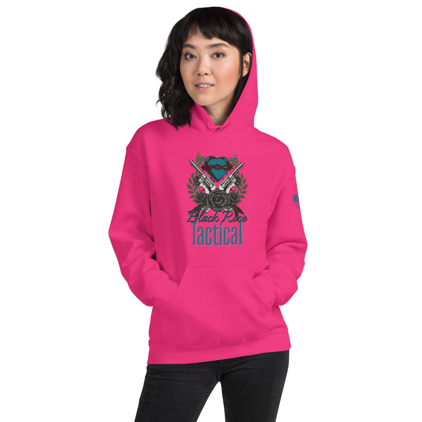 Person wearing a bright pink hoodie with a graphic design and text on a white background