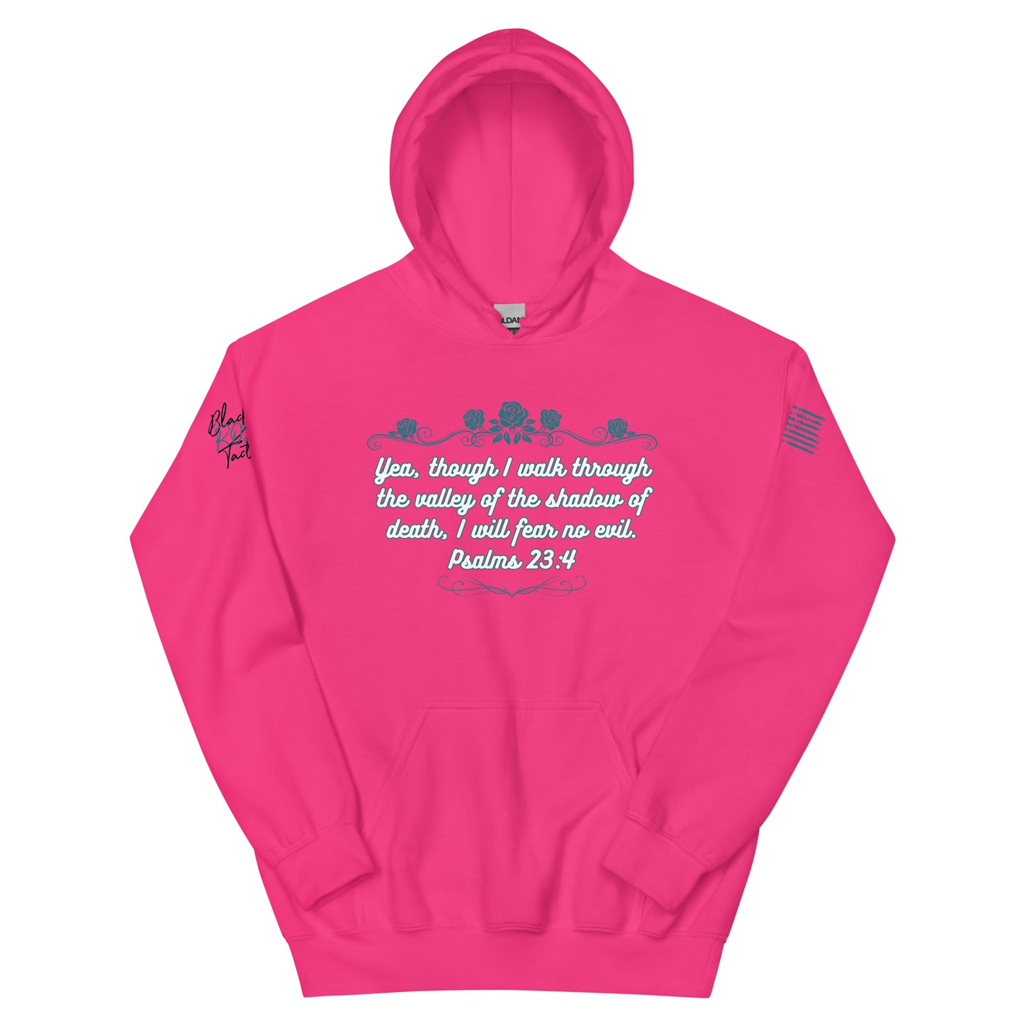 Pink hoodie with text design on a white background