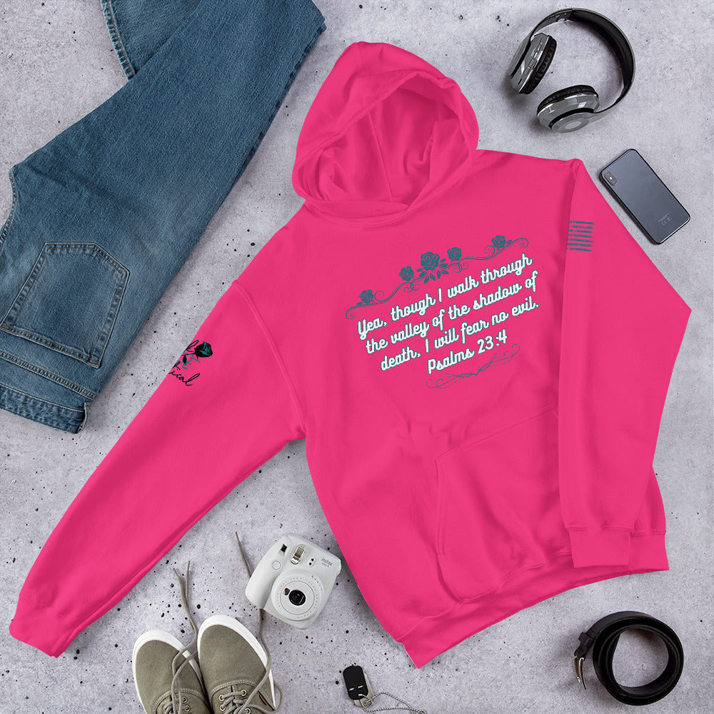 Front view of Psalms 23:4 hoodie showing Christian design and pocket pink