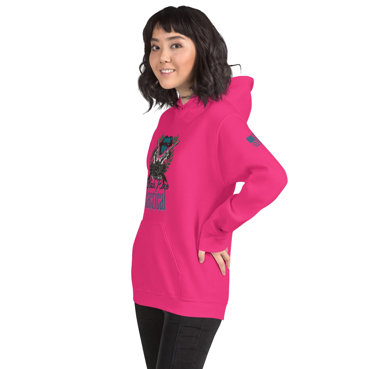 Person wearing a bright pink hoodie with a graphic design on a white background