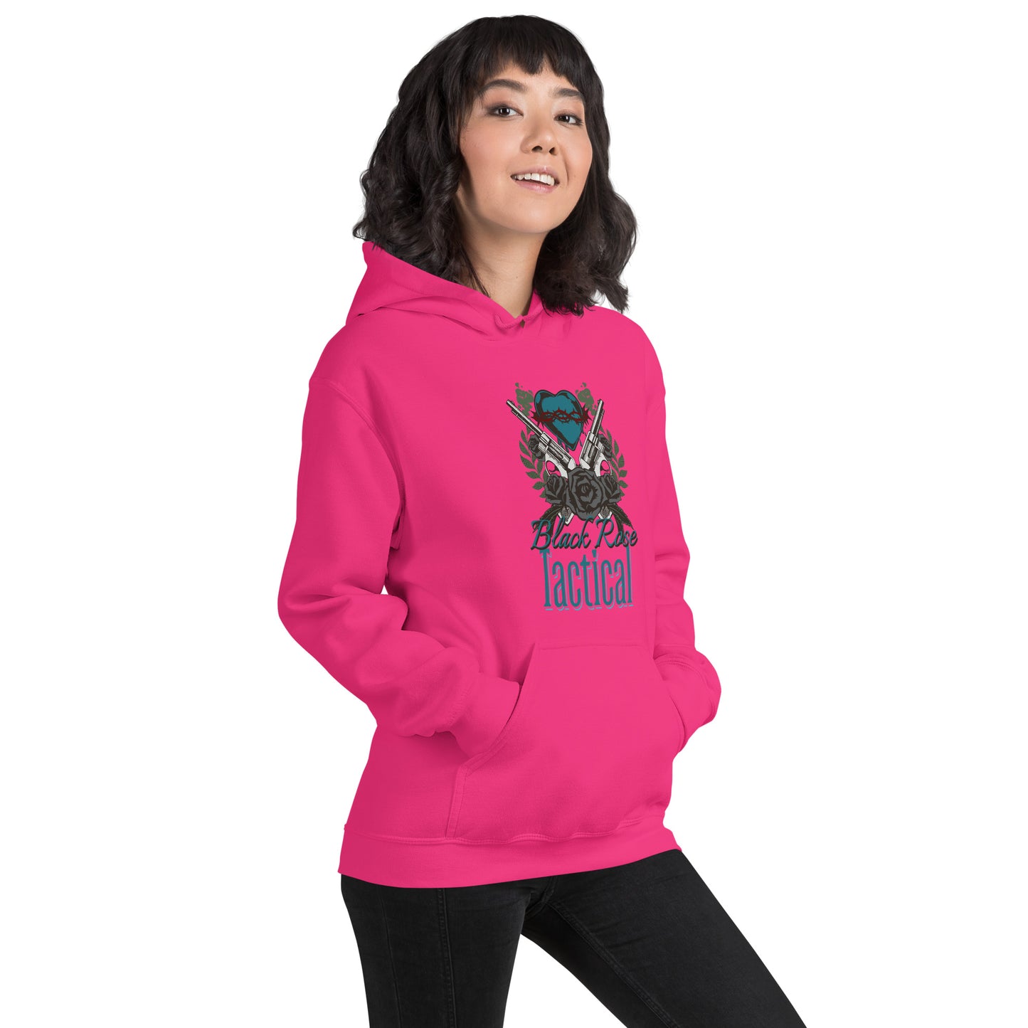 Person wearing a pink hoodie with a graphic design on a white background