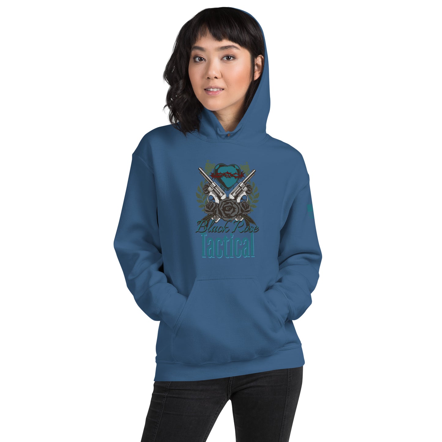Person wearing a blue hoodie with a graphic design on a white background