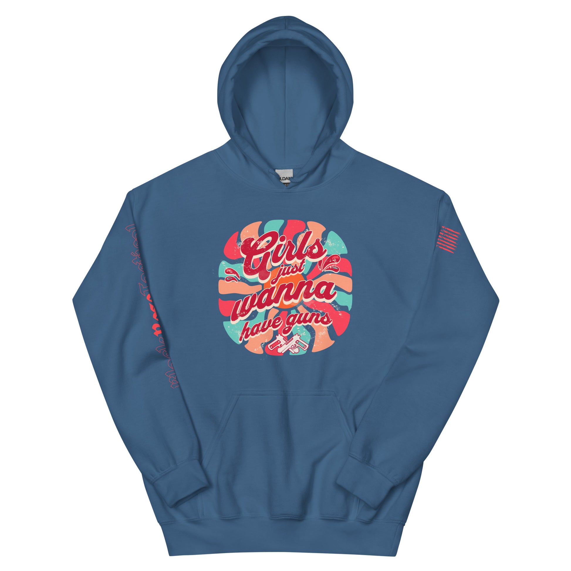 Blue hoodie with colorful graphic design on a white background