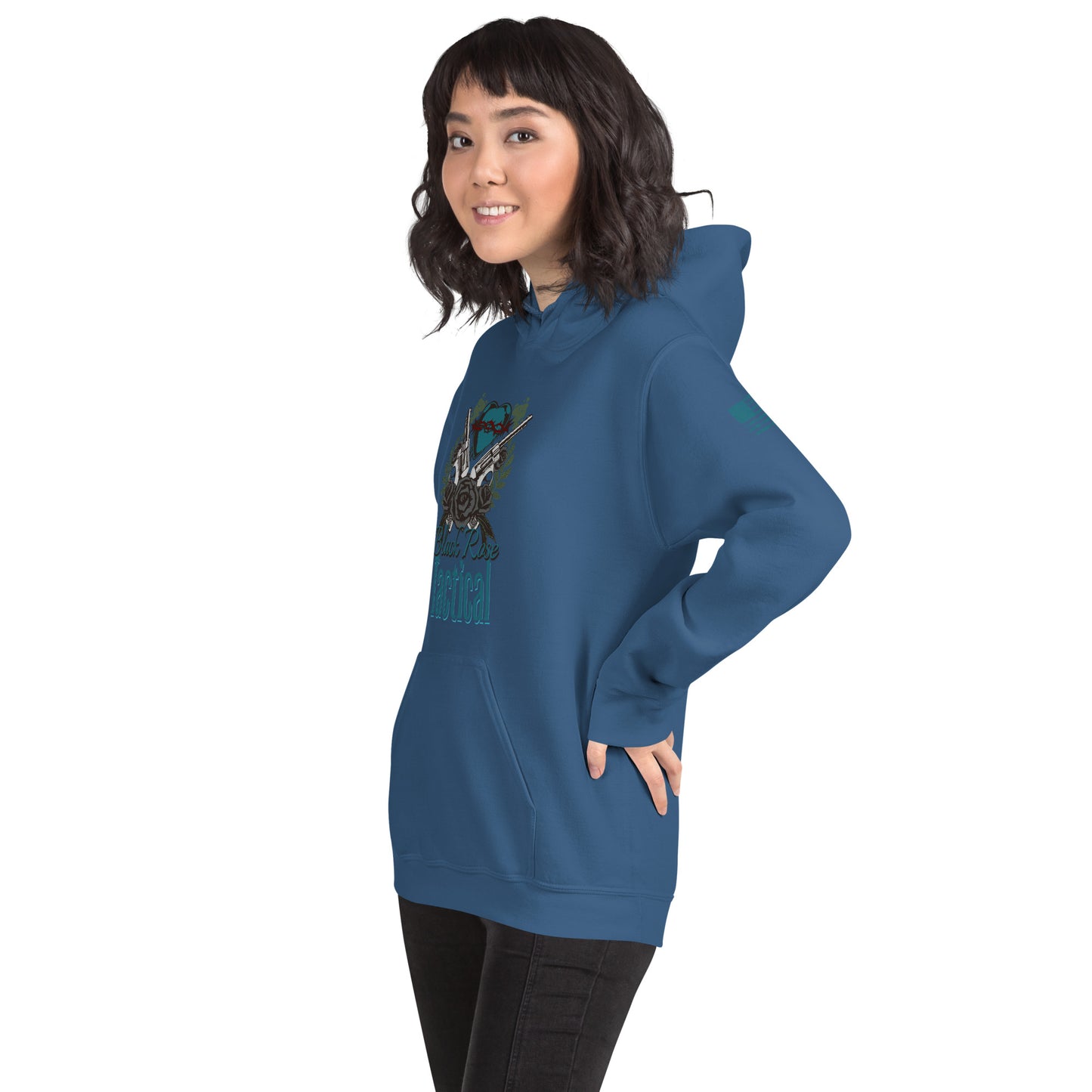 Person wearing a blue hoodie with a graphic design on a white background