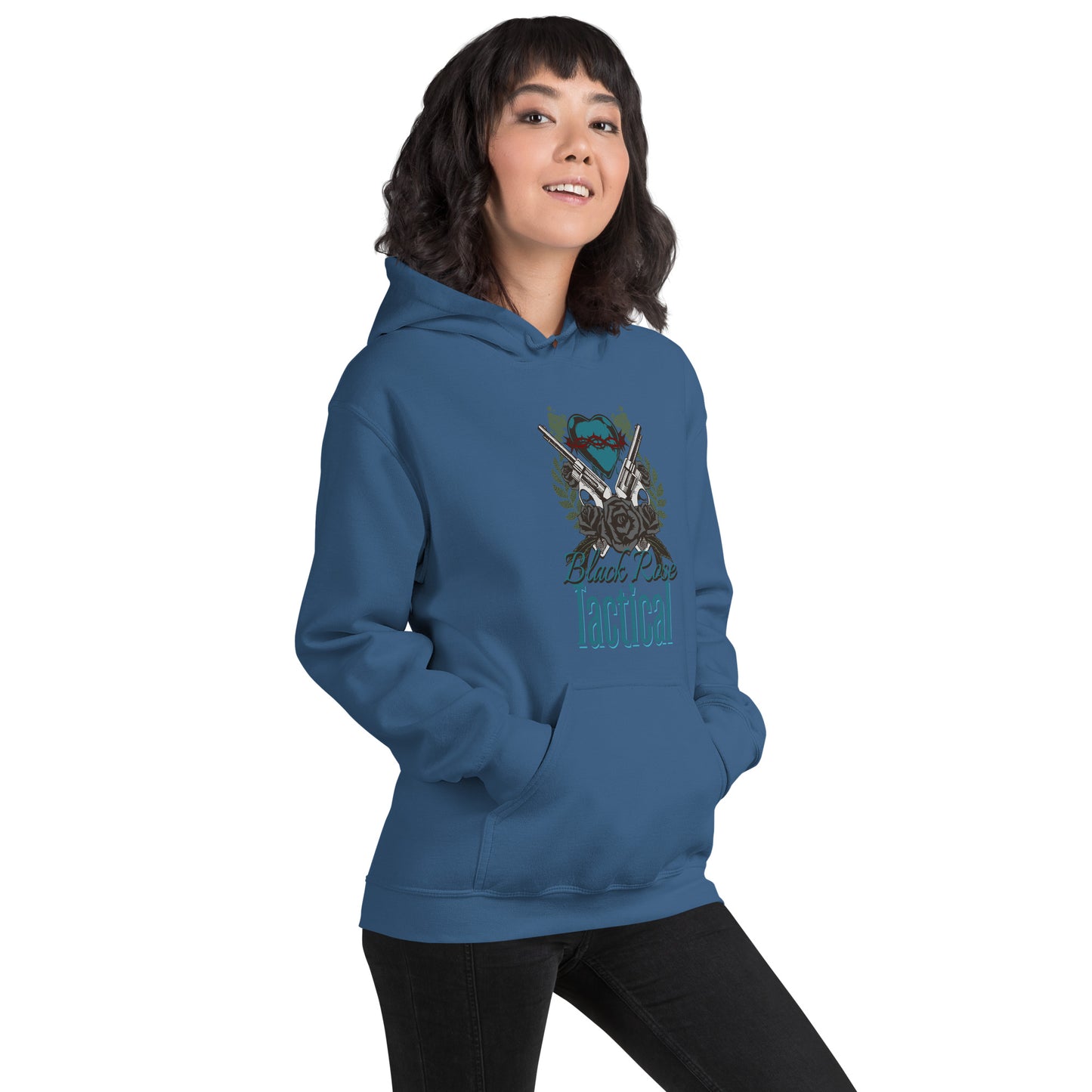Person wearing a blue hoodie with a graphic design on a white background