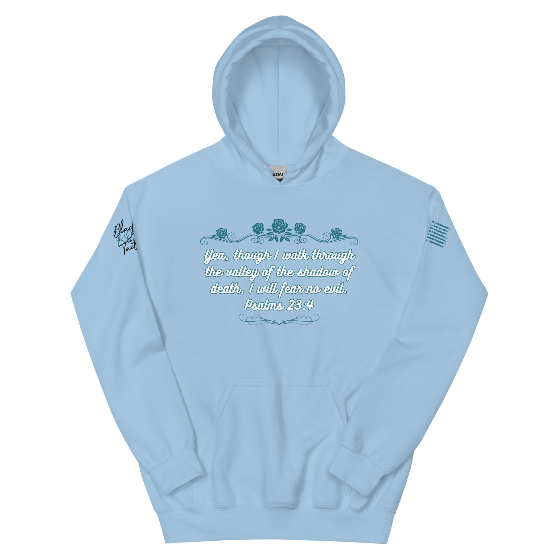 Light blue hoodie with text and floral design on a white background