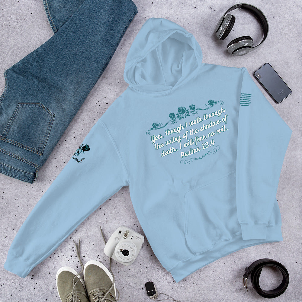 Front view of Psalms 23:4 hoodie showing Christian design and pocket light blue