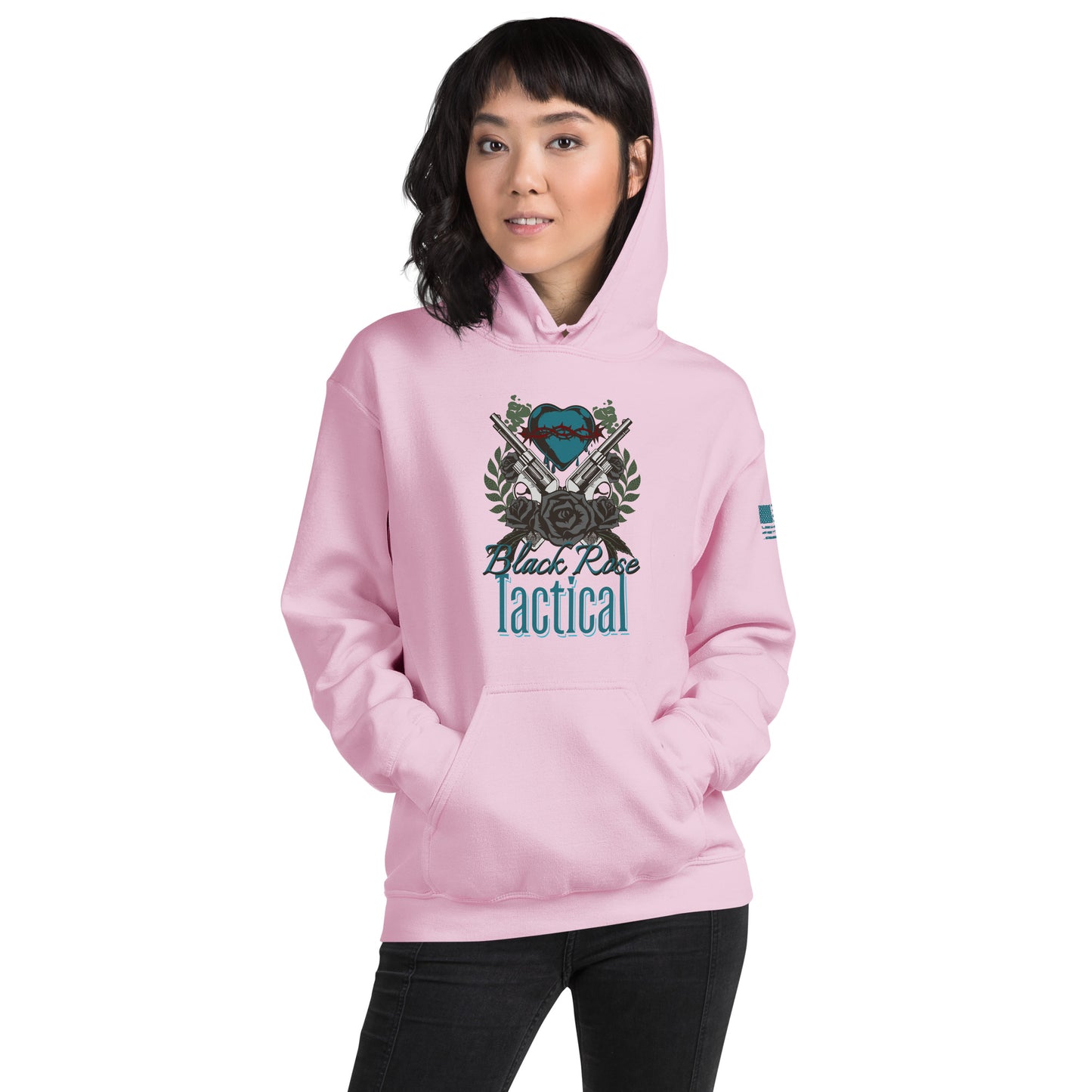 Person wearing a pink hoodie with 'Black Rose Tactical' logo on a white background