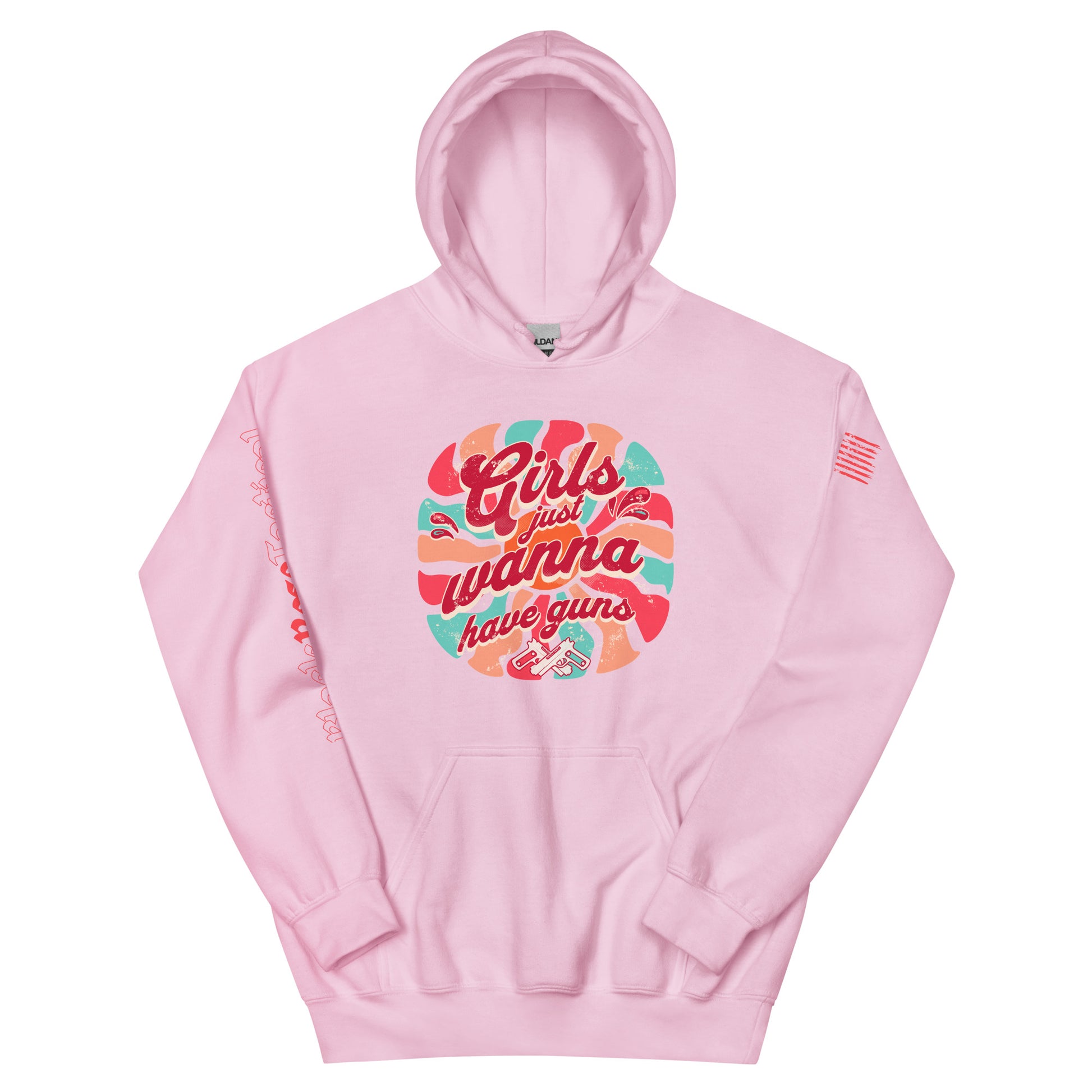 Pink hoodie with colorful graphic and text on a white background