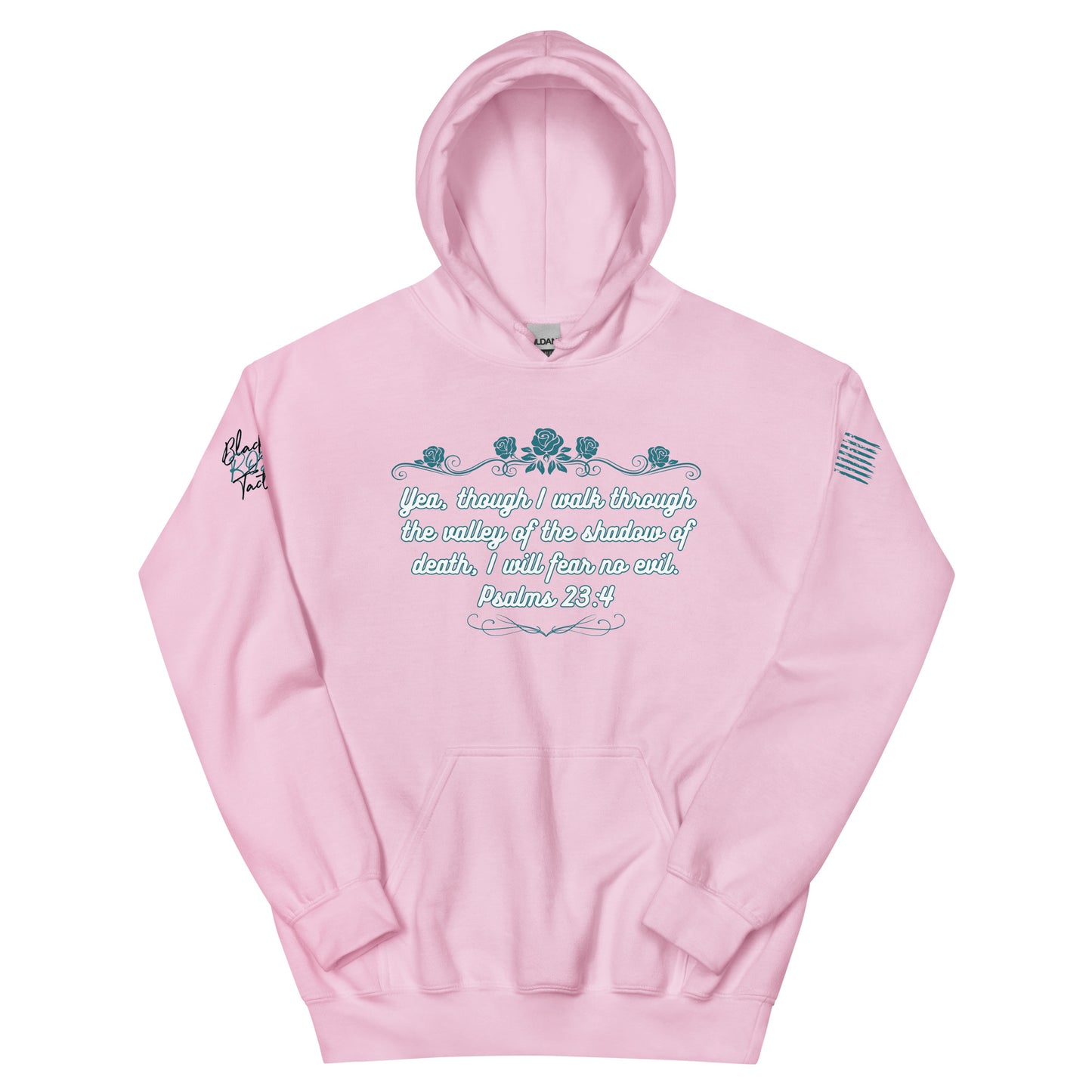 Pink hoodie with text and floral design on a white background