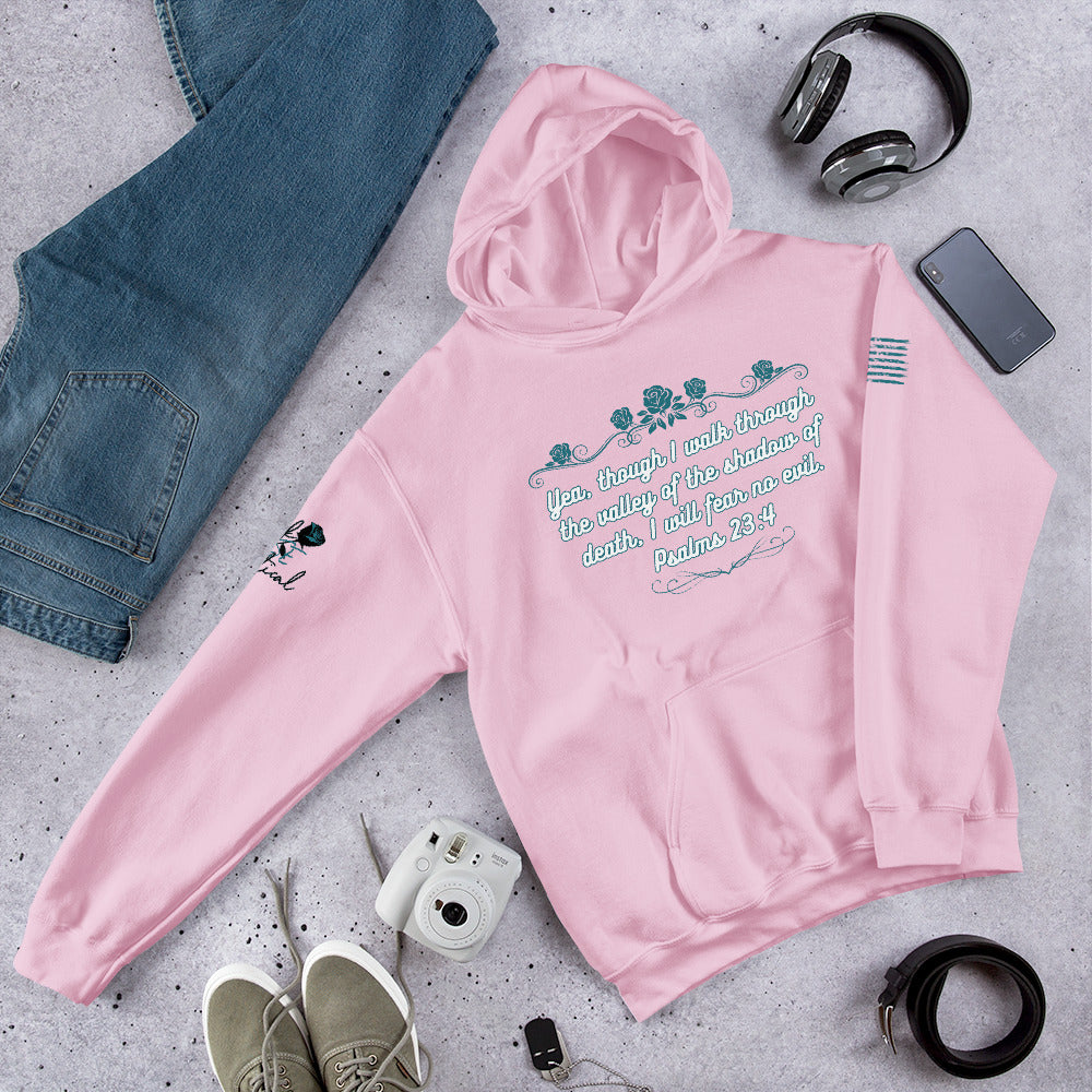 Front view of Psalms 23:4 hoodie showing Christian design and pocket light pink