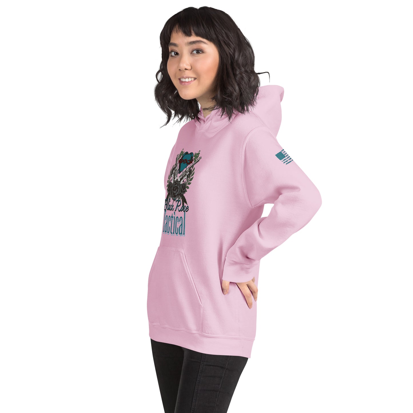 Person wearing a pink hoodie with a graphic design on a white background
