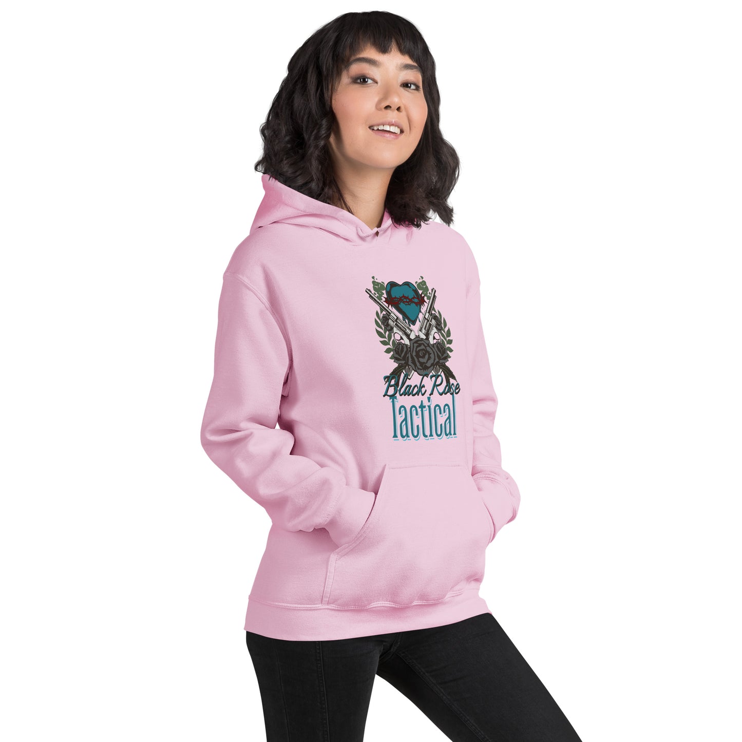 Person wearing a pink hoodie with a graphic design and text on a white background