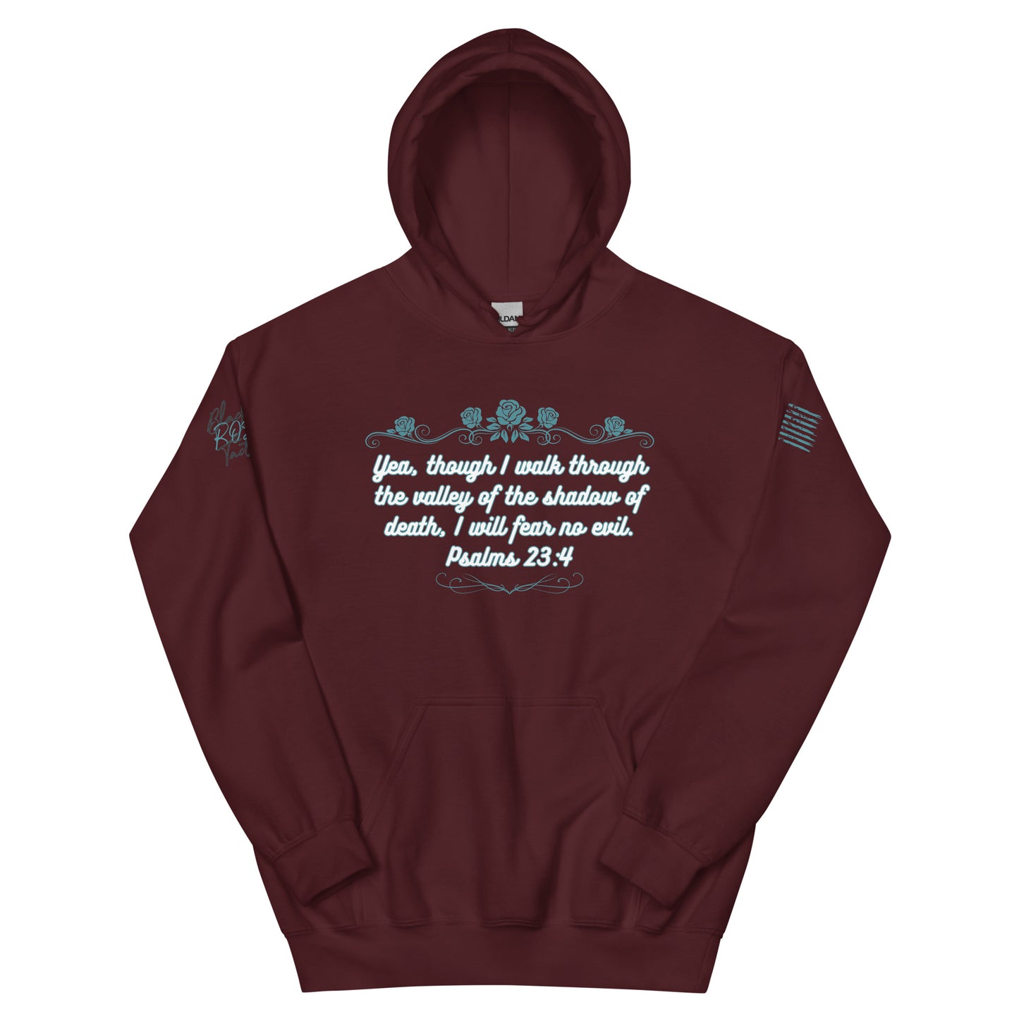 Maroon hoodie with text and design on a white background