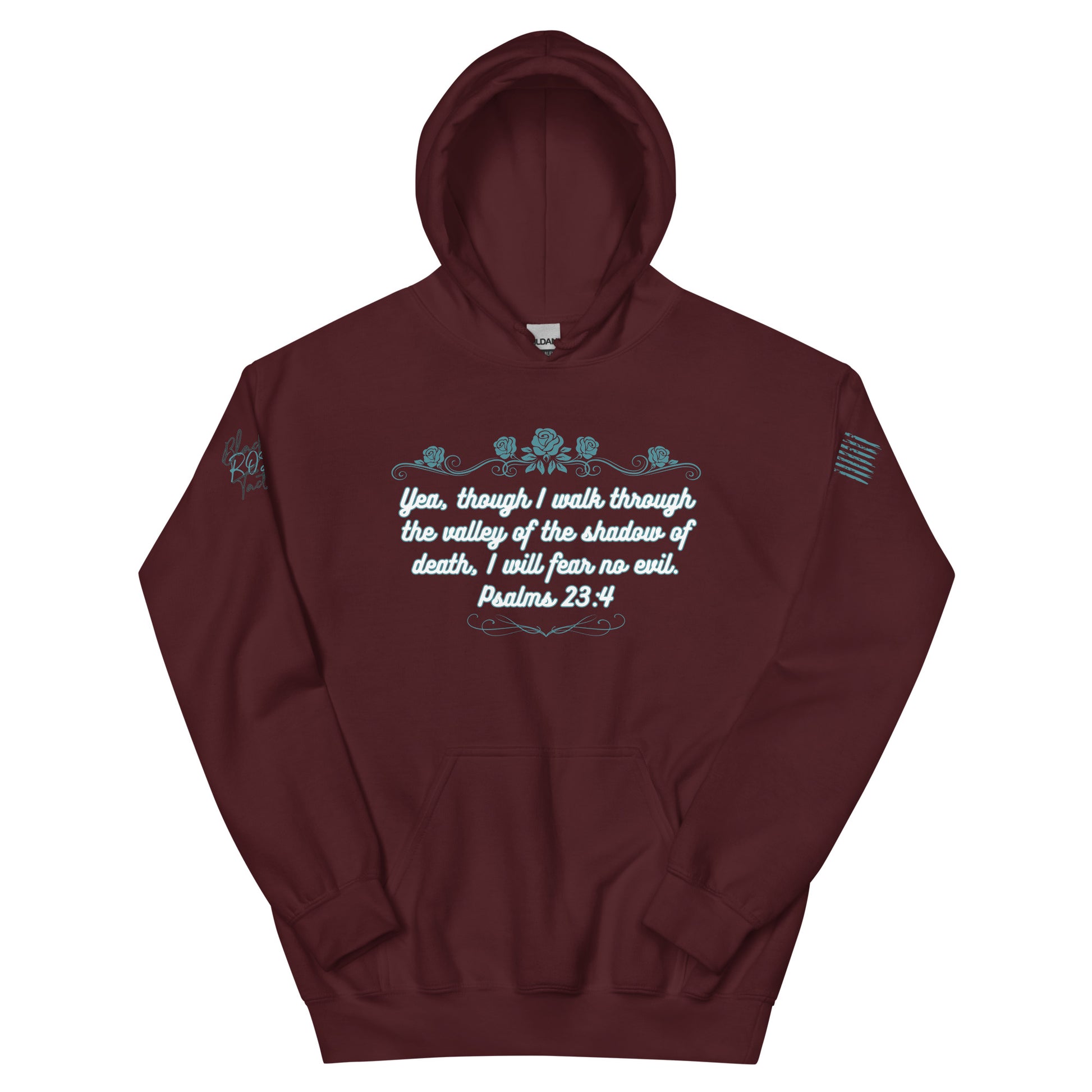 Maroon hoodie with text and design on a white background