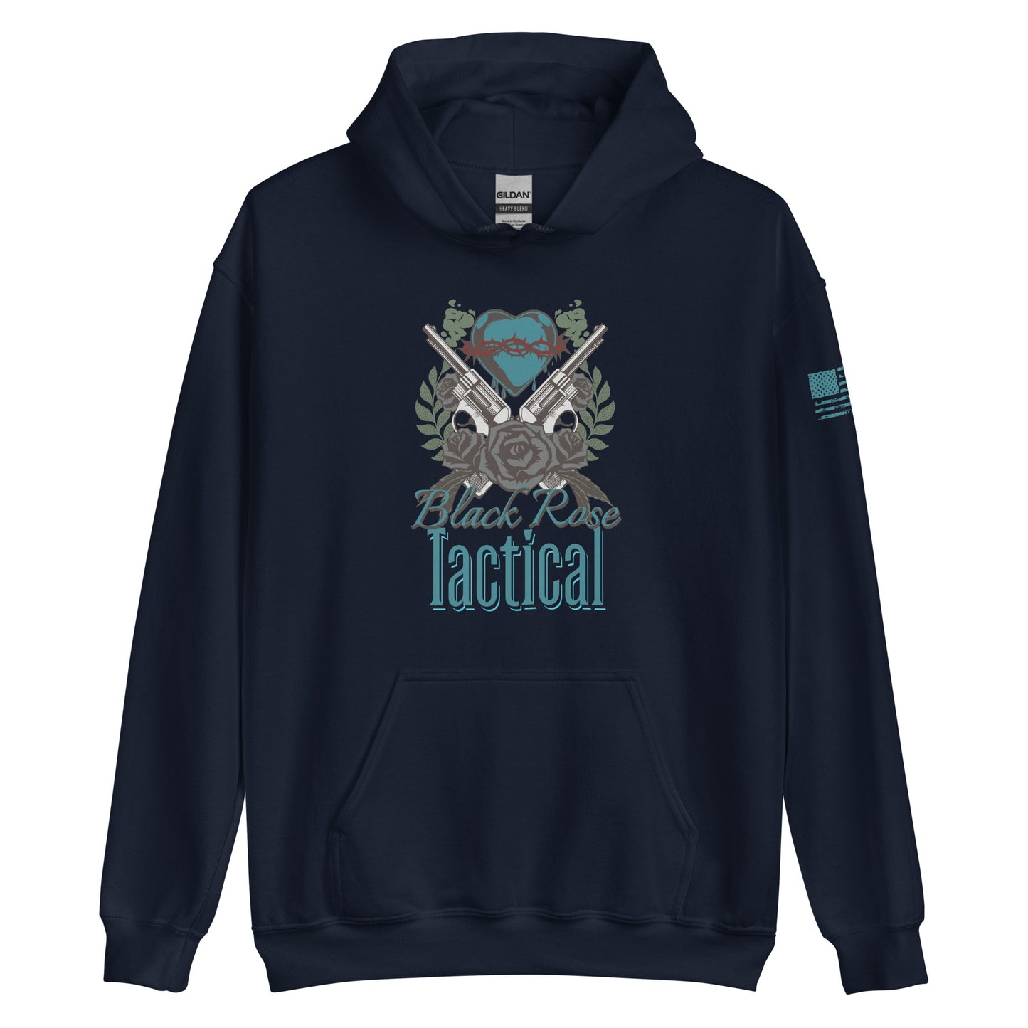 Black Rose Tactical Hoodie with bold graphic design, unisex fit, front pocket, and drawstring hood