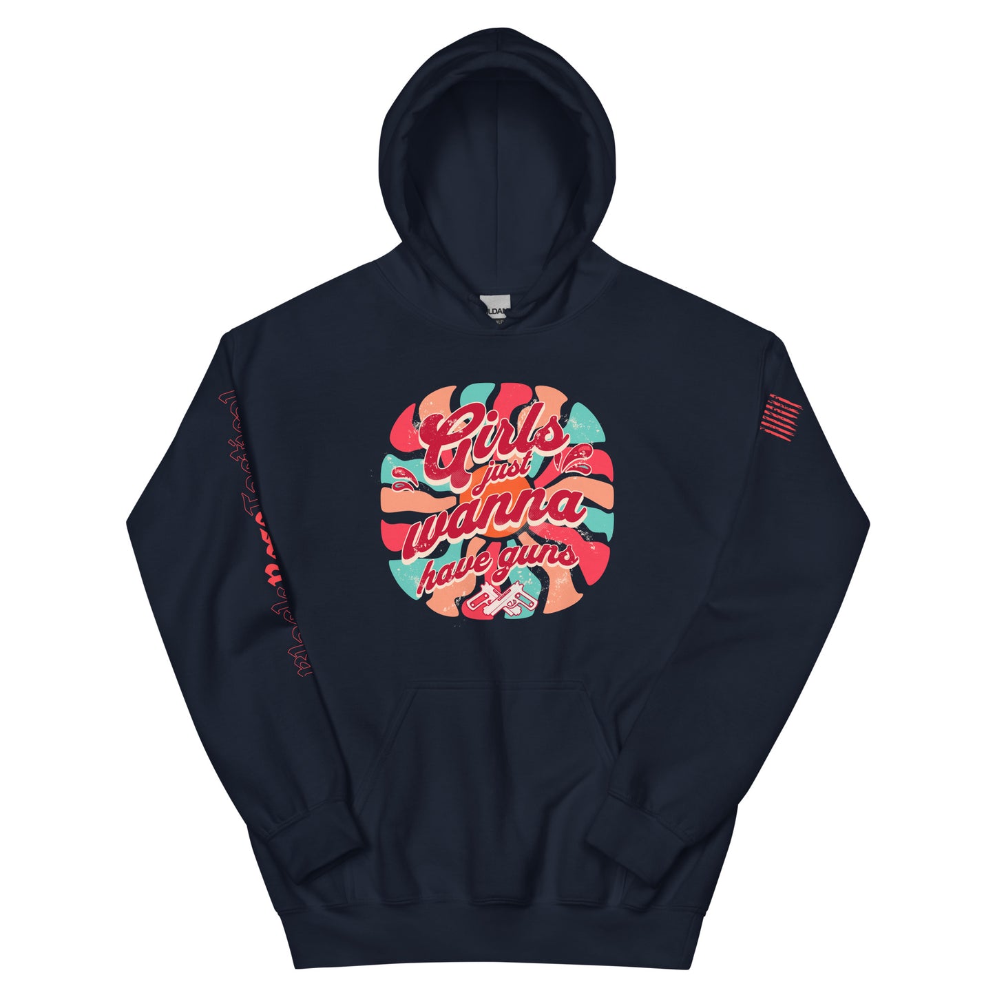 Casual street style with Girls Just Wanna Have Guns graphic hoodie.