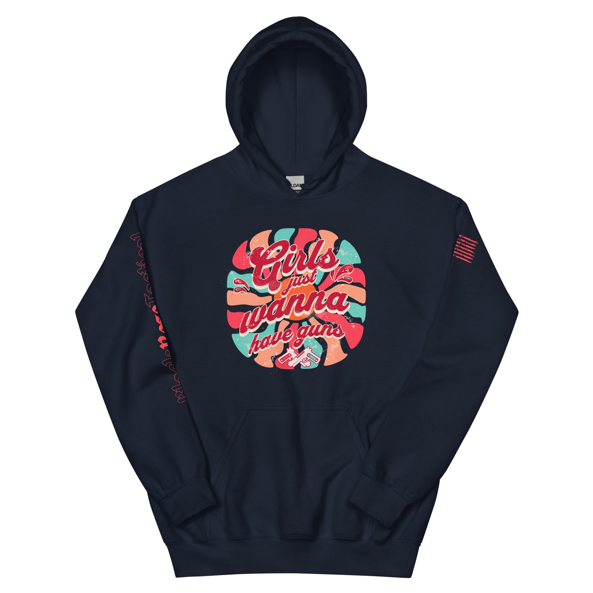 Casual street style with Girls Just Wanna Have Guns graphic hoodie.