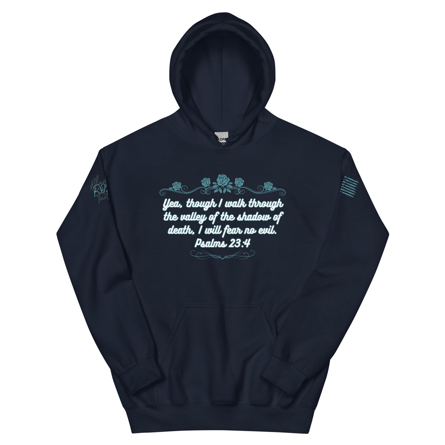 Navy hoodie with white text and design on a white background