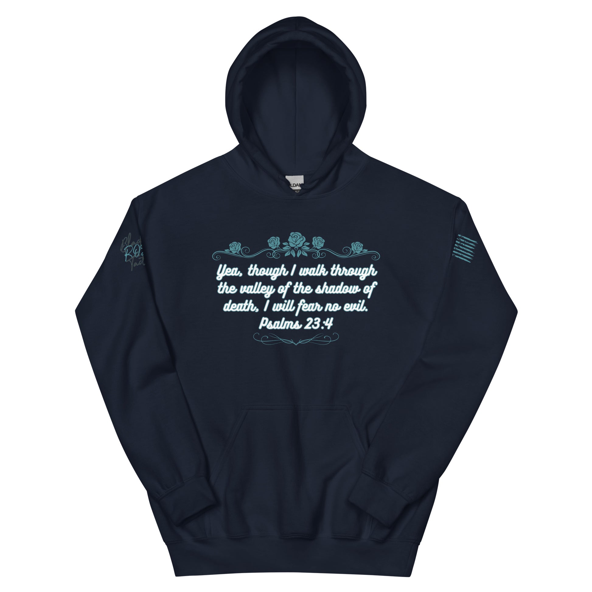 Navy hoodie with white text and design on a white background
