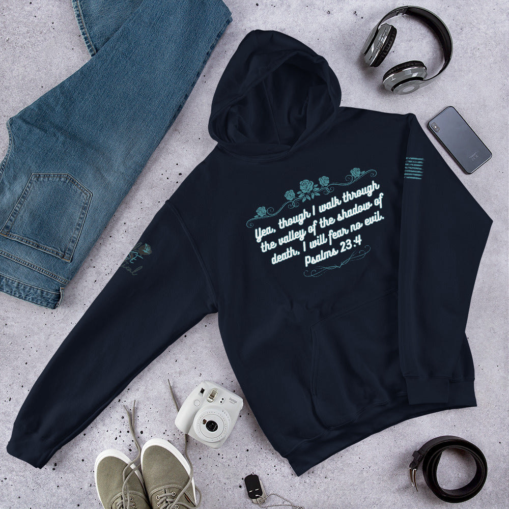 Close-up of Psalms 23:4 scripture text on soft cotton-poly hoodie.