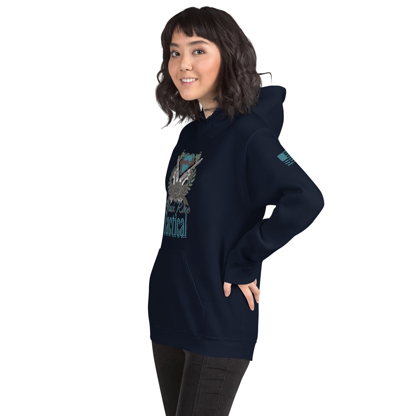 Person wearing a navy blue hoodie with a graphic design on a white background