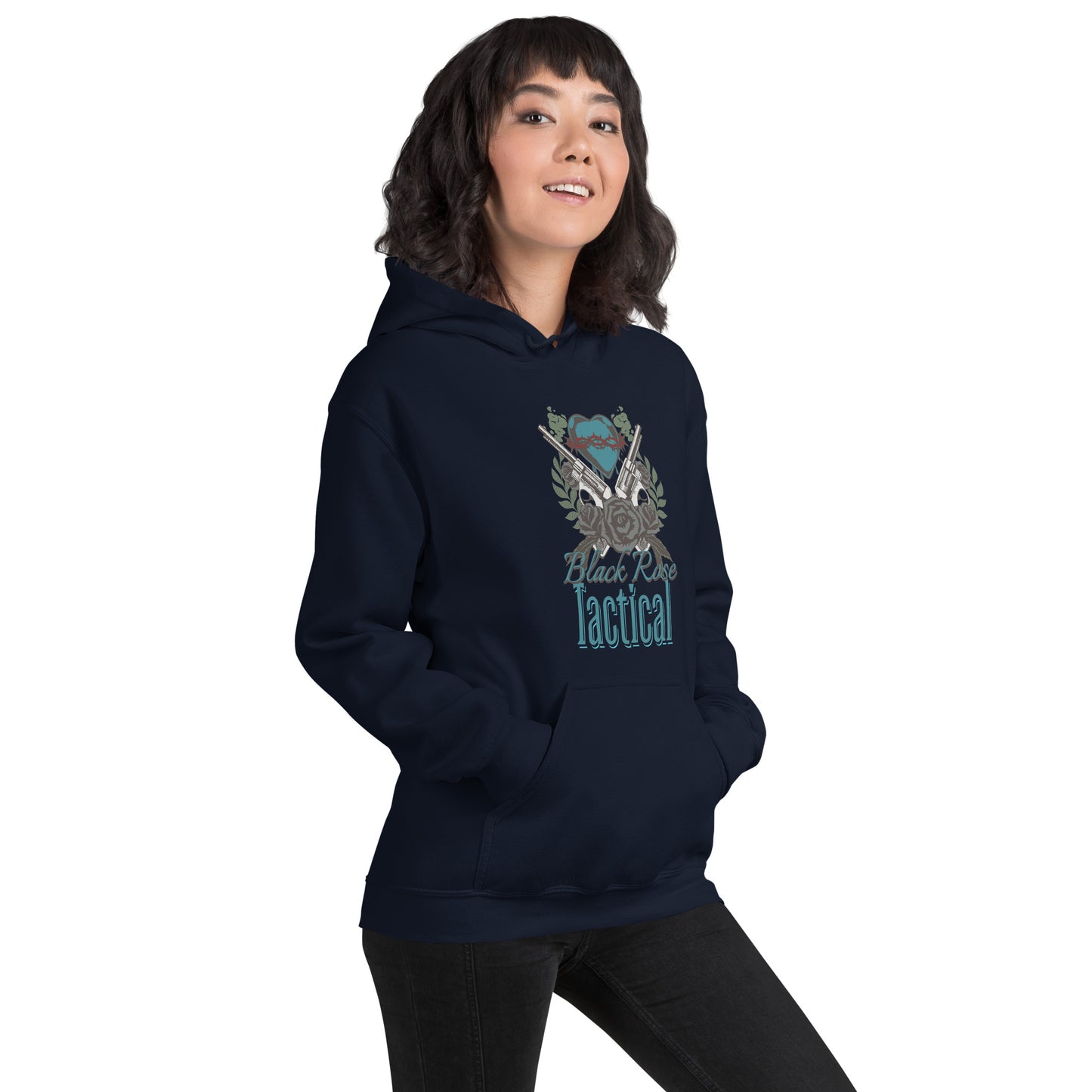 Person wearing a navy hoodie with a logo and text on a white background