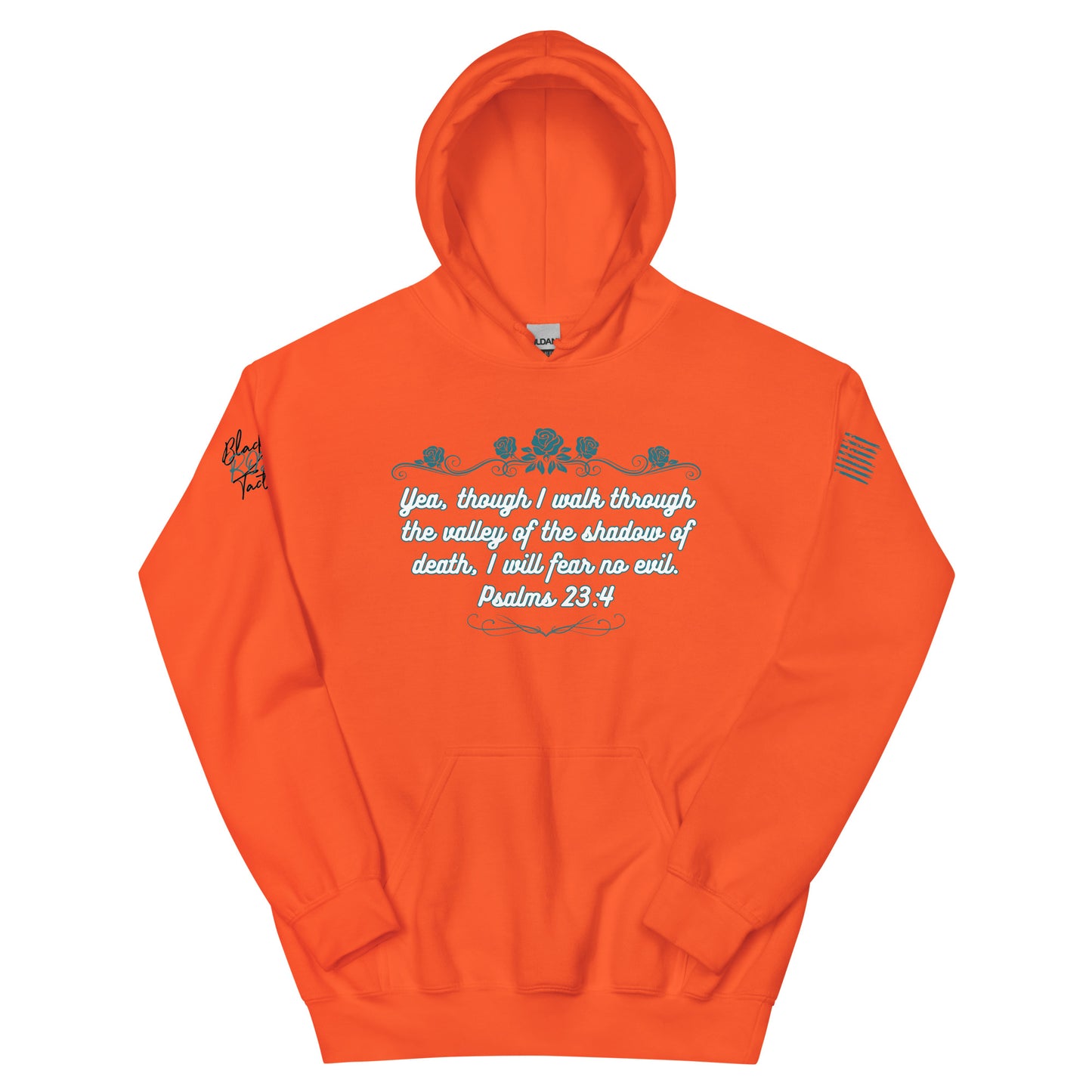 Orange hoodie with text design on a white background