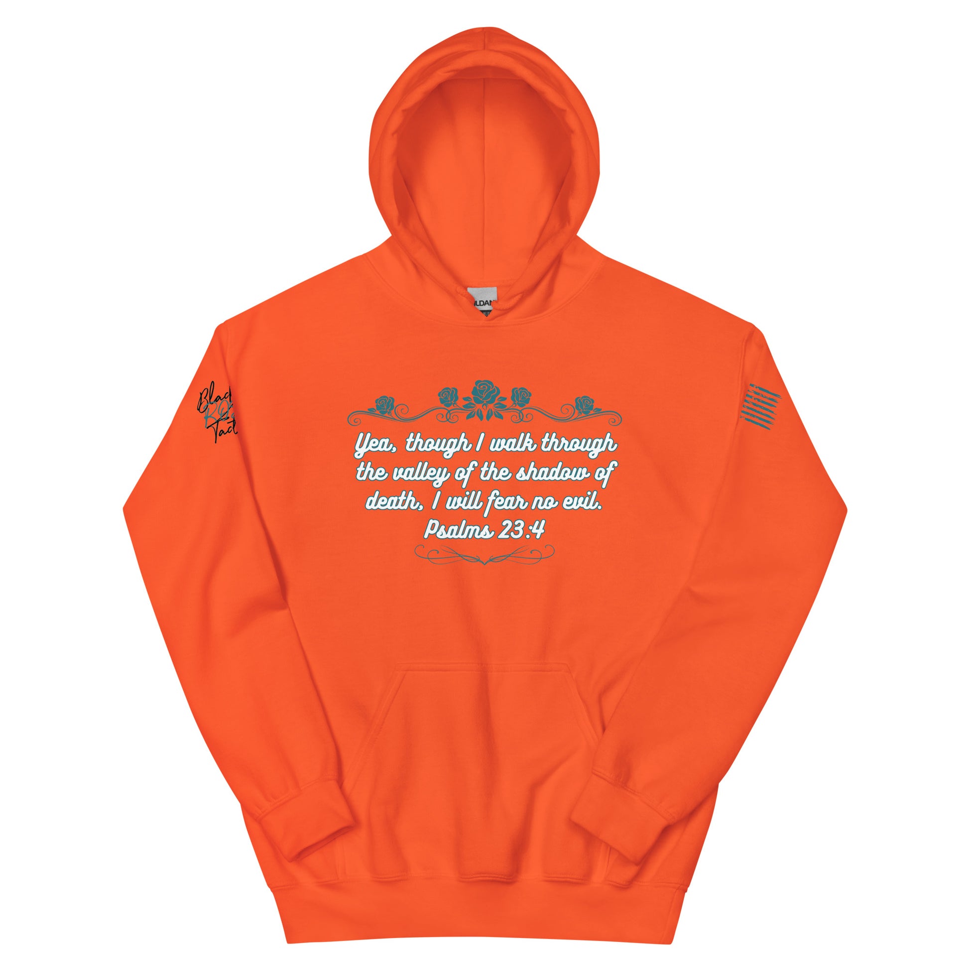 Orange hoodie with text design on a white background