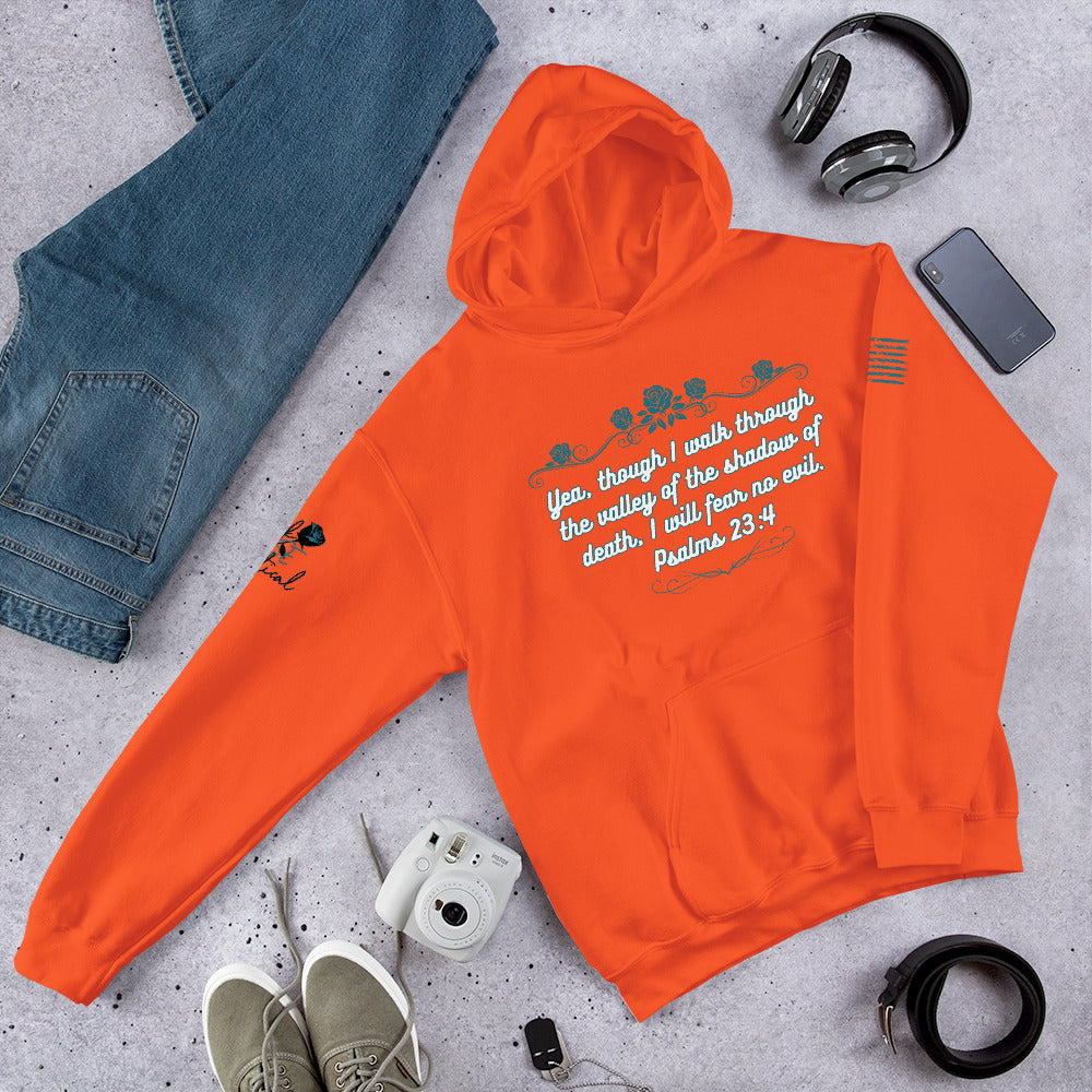 Front view of Psalms 23:4 hoodie showing Christian design and pocket orange